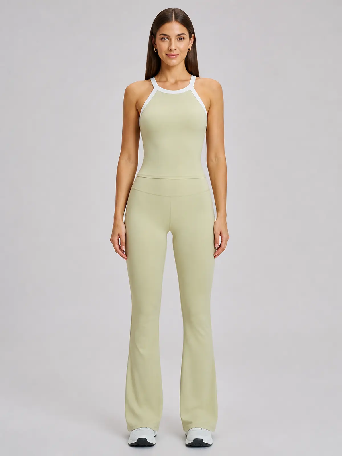 Marin Sketch Sleeveless Top and Flare Leggings Set — light sage green with white contrast trim — general — authoritative variation match