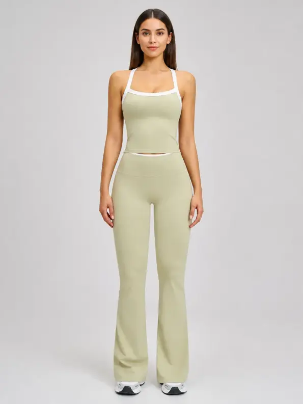 Marin Sketch Sleeveless Top and Flare Leggings Set — light sage green with white contrast trim — general — authoritative variation match