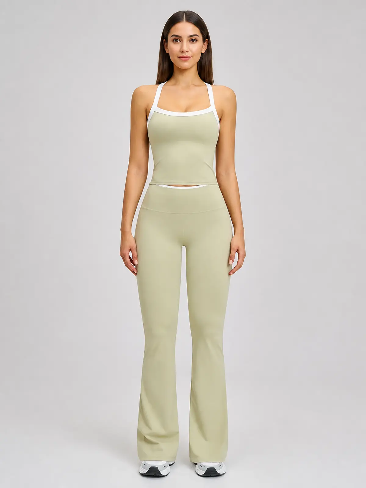 Marin Sketch Sleeveless Top and Flare Leggings Set — light sage green with white contrast trim — general — authoritative variation match