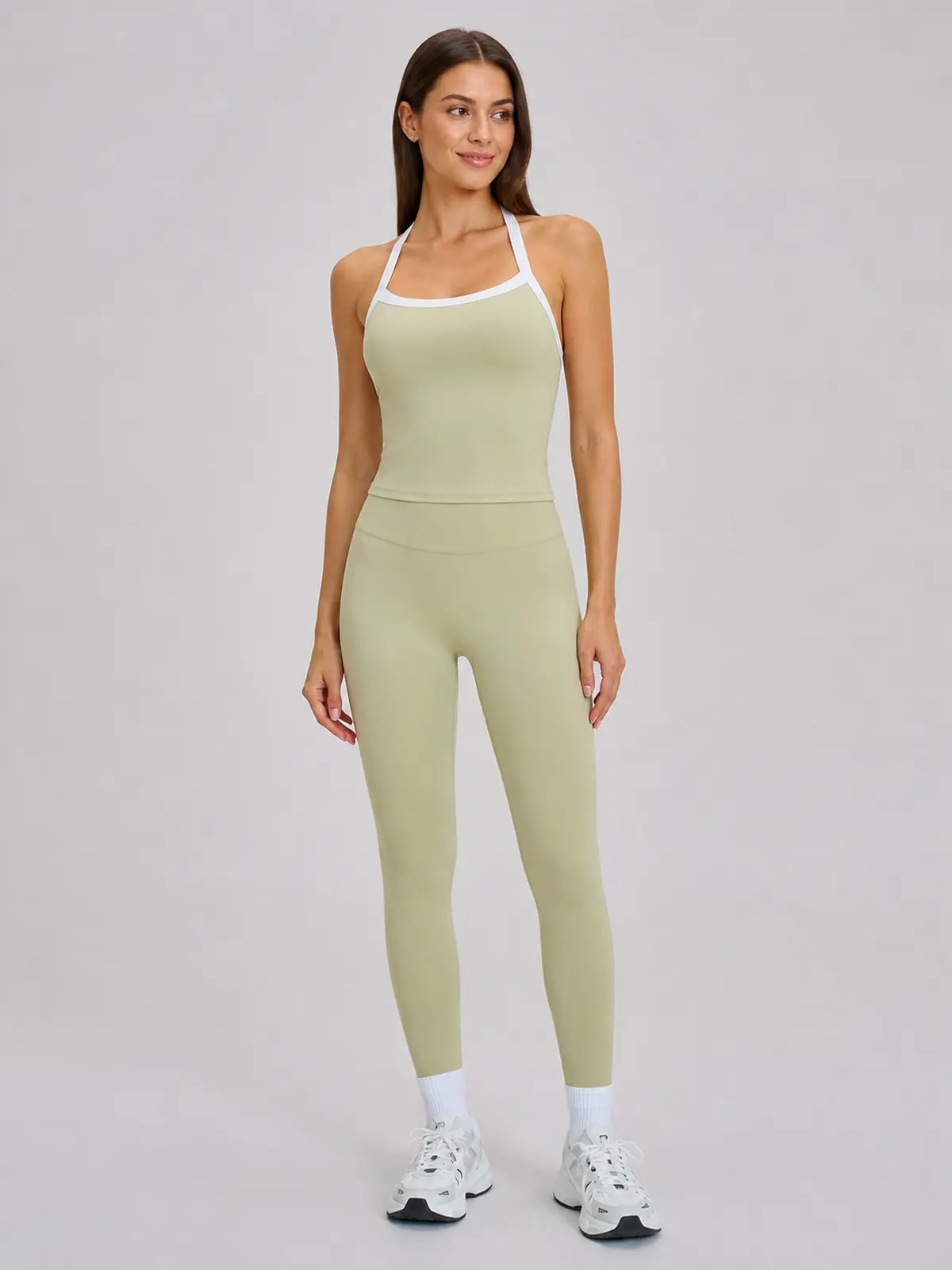 Marin Sketch Sleeveless Top and Flare Leggings Set — light sage green with white contrast trim — general — authoritative variation match