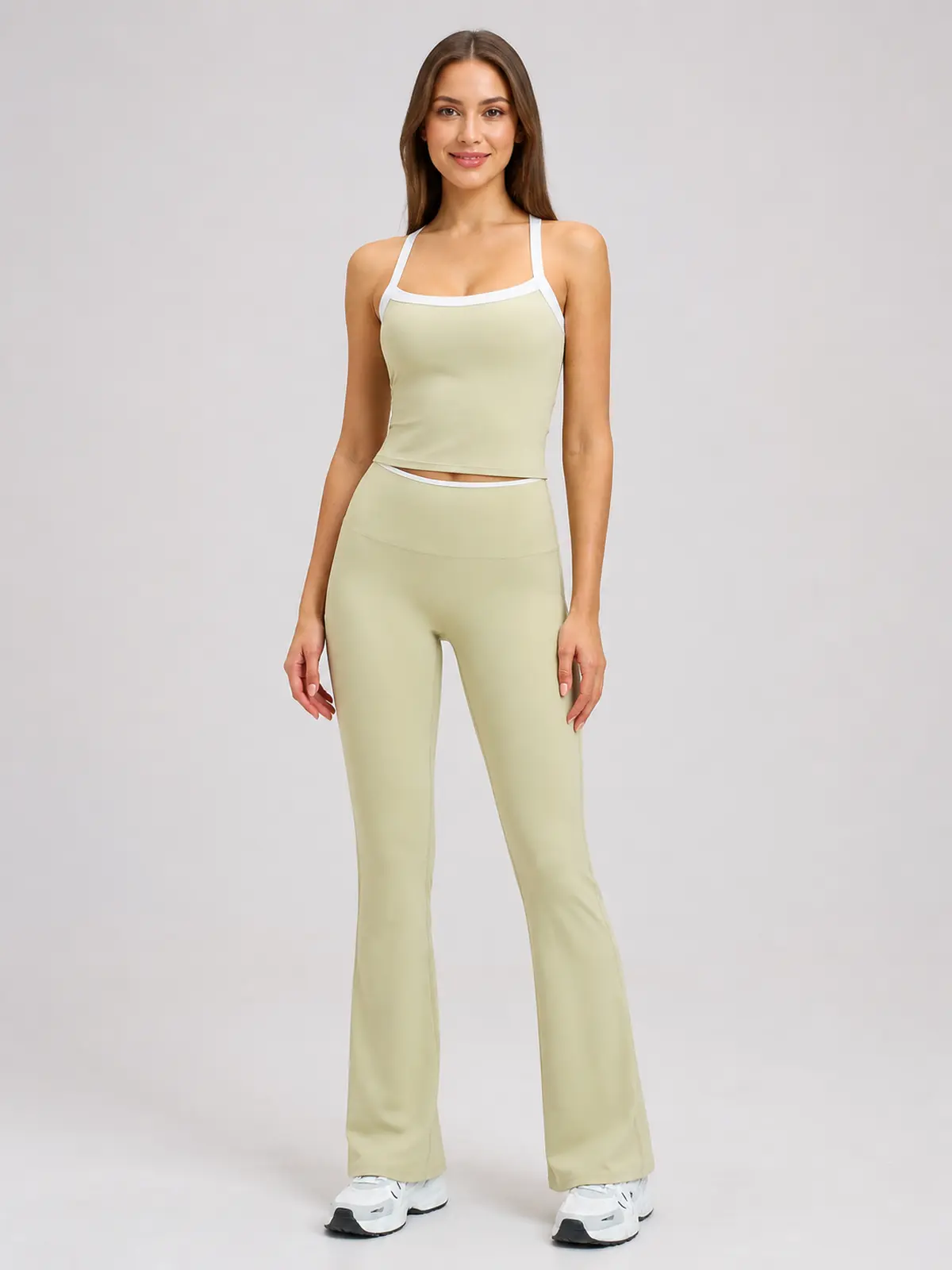 Marin Sketch Sleeveless Top and Flare Leggings Set — light sage green with white contrast trim — general — authoritative variation match