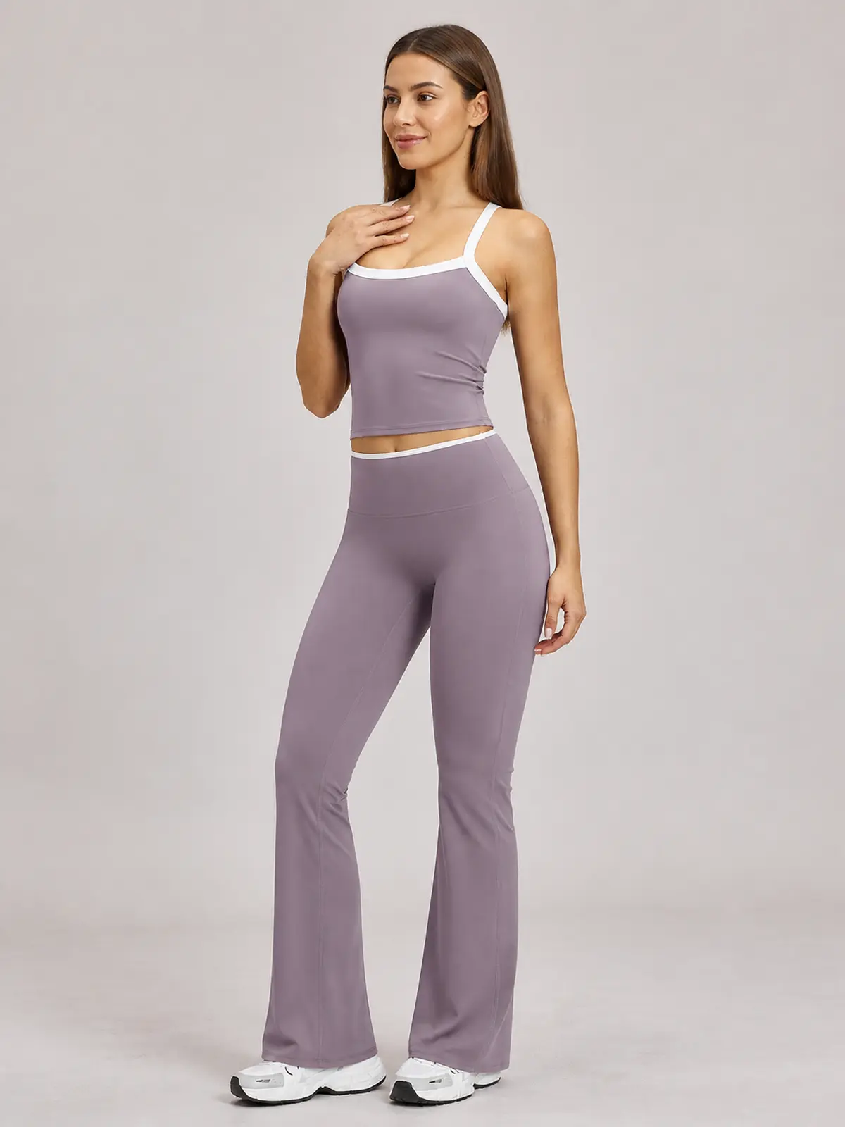 Marin Sketch Sleeveless Top and Flare Leggings Set — muted lavender purple with white trim — general — authoritative variation match