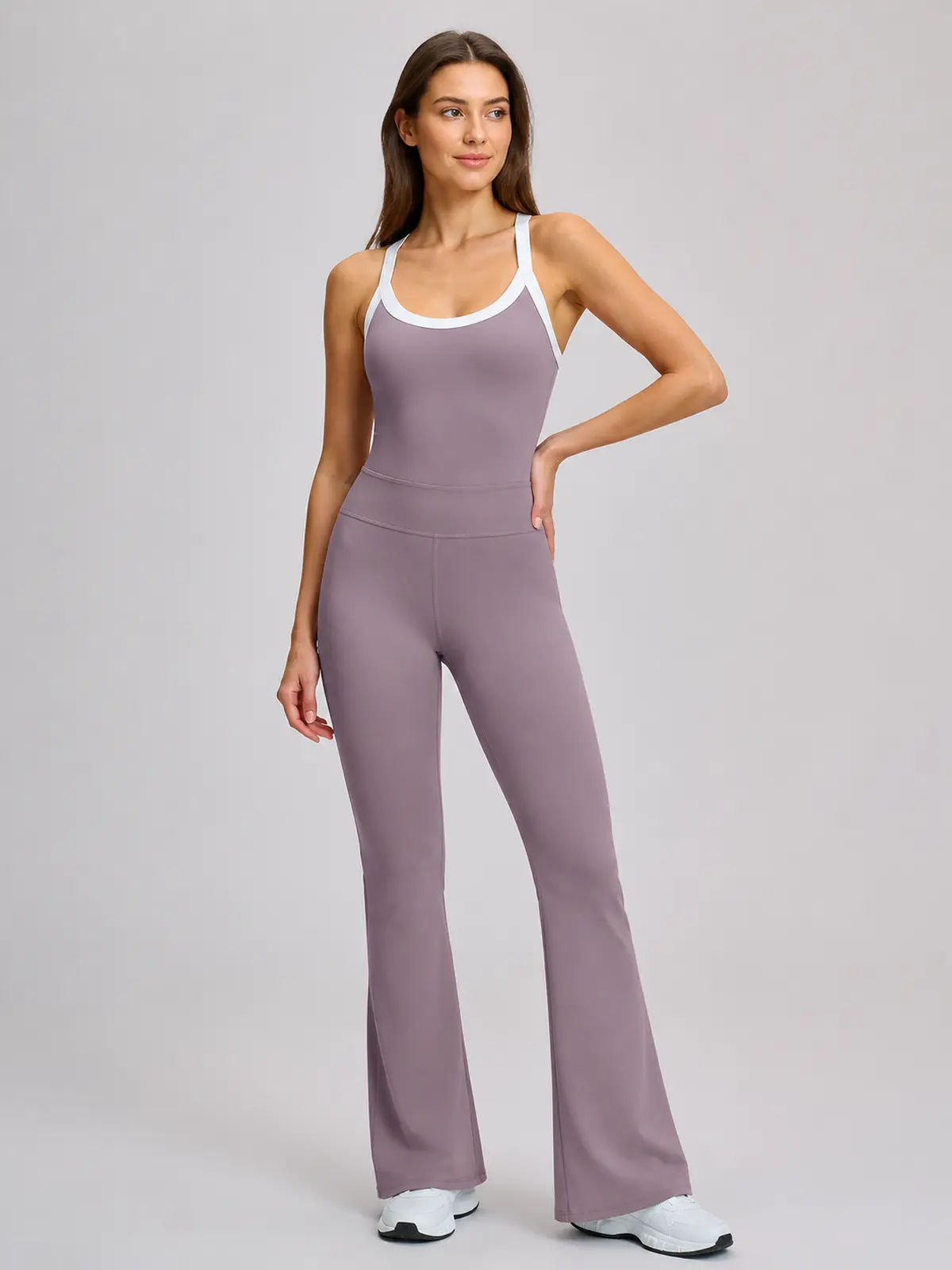 Marin Sketch Sleeveless Top and Flare Leggings Set — muted lavender purple with white trim — general — authoritative variation match