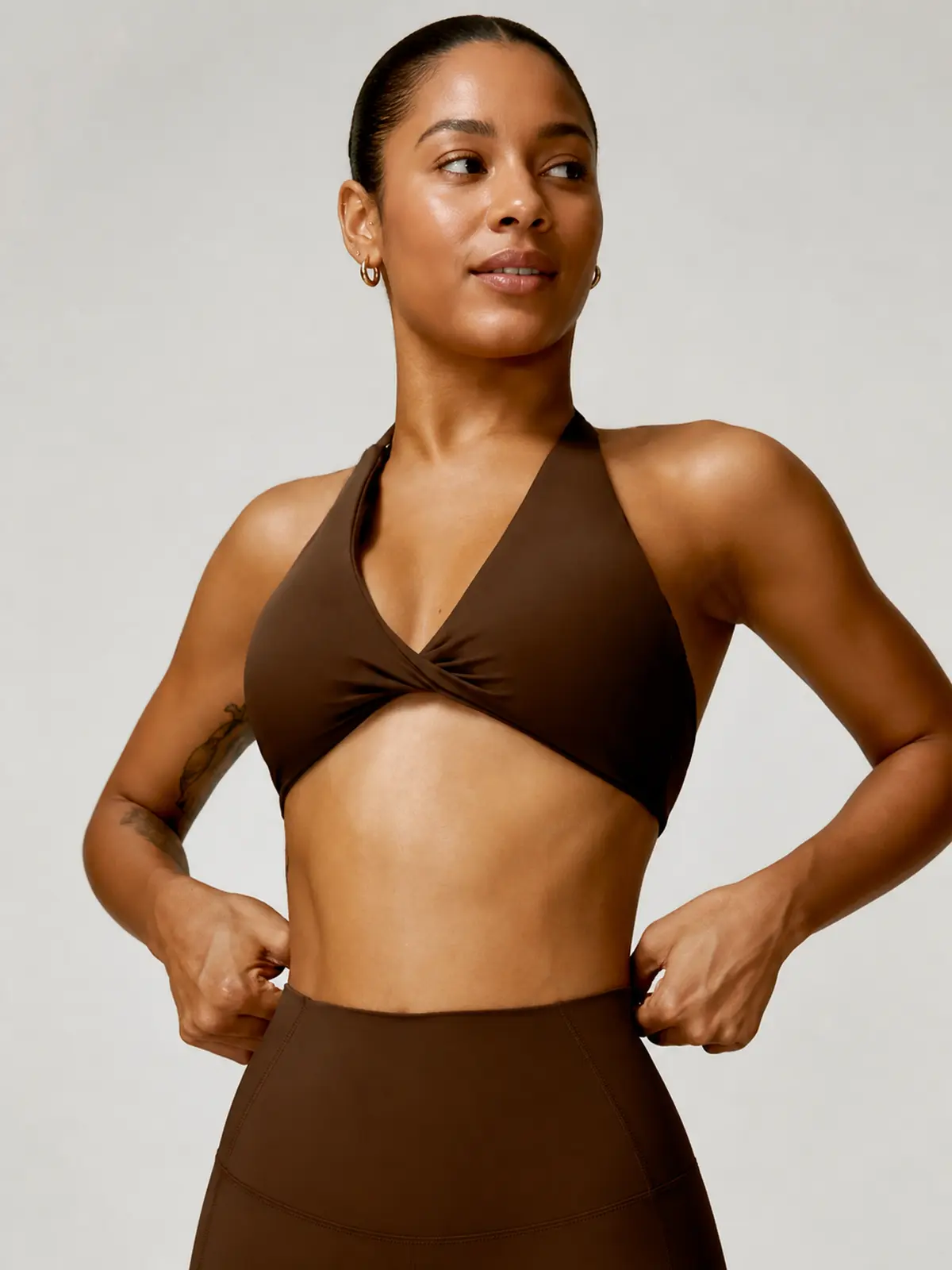 Marina Halo Twist-Front Halter Sports Bra — brown — general — authoritative variation match