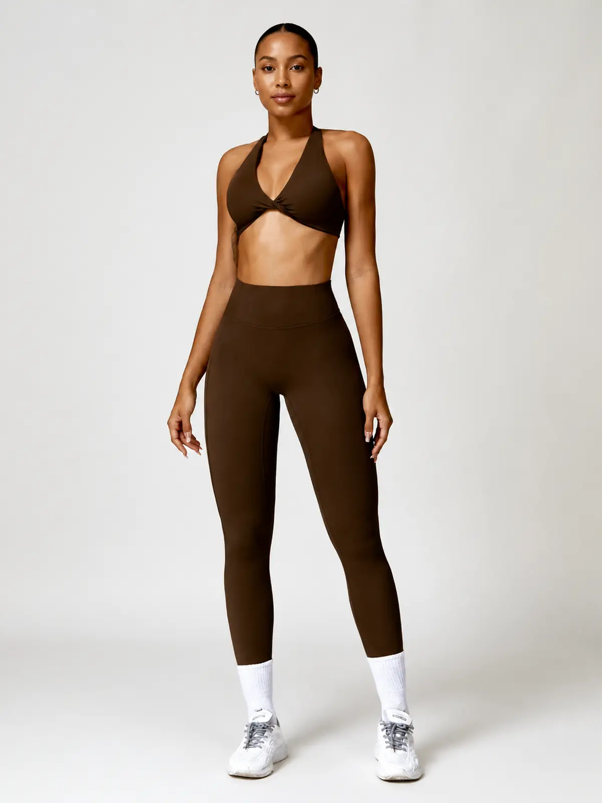 Marina Halo Twist-Front Halter Sports Bra — brown — general — authoritative variation match