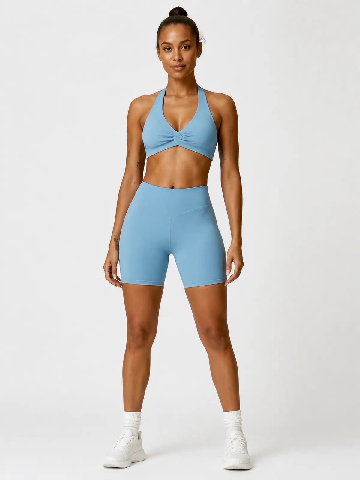 Marina Halo Twist-Front Halter Sports Bra — haze blue — general — authoritative variation match