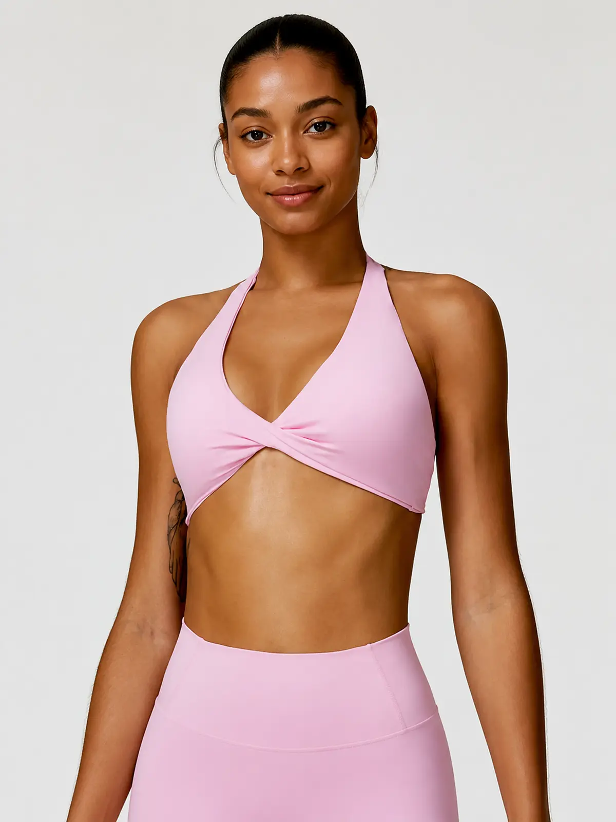 Marina Halo Twist-Front Halter Sports Bra — light pink — bralette — authoritative variation match