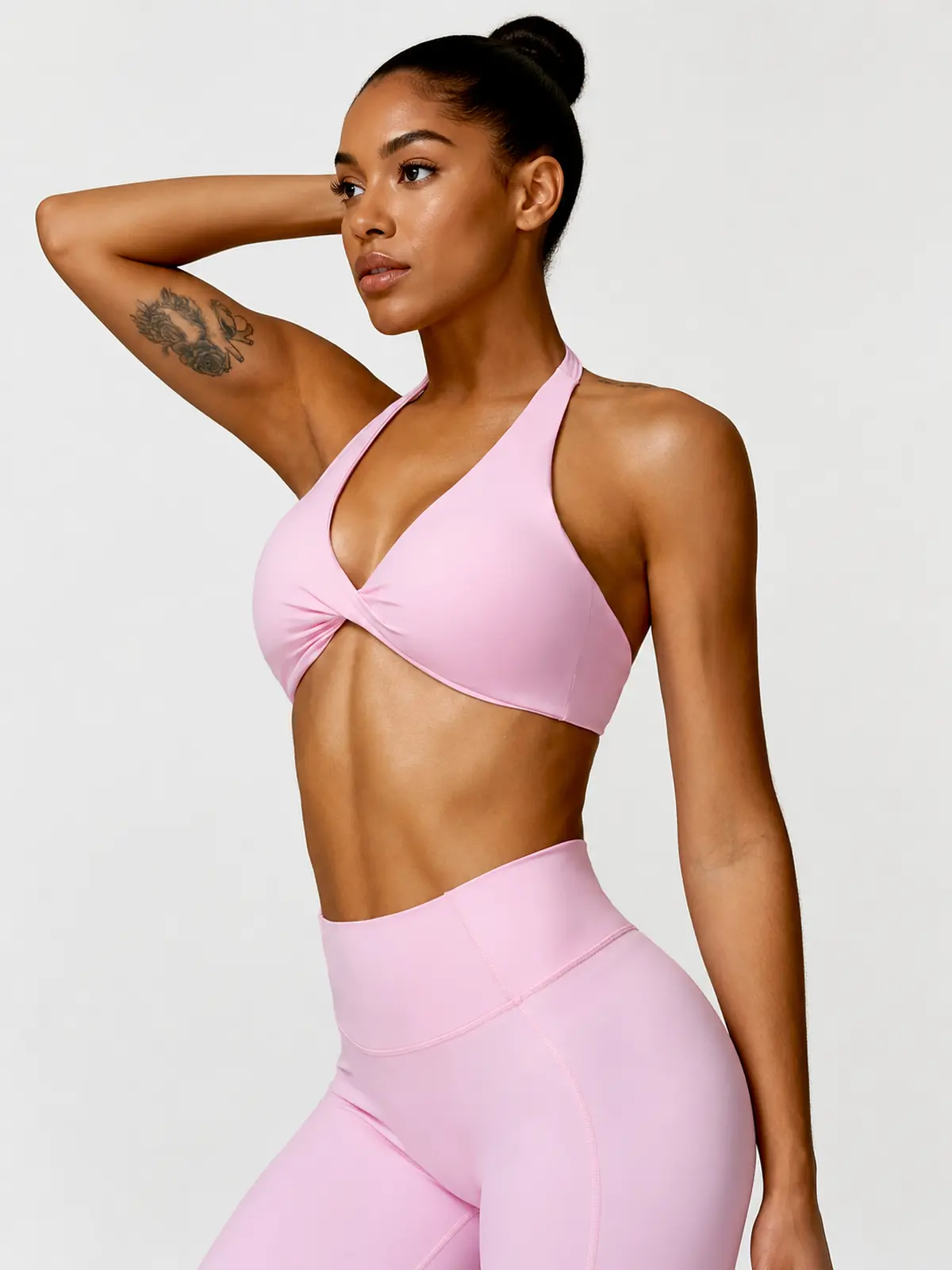 Marina Halo Twist-Front Halter Sports Bra — light pink — general — authoritative variation match