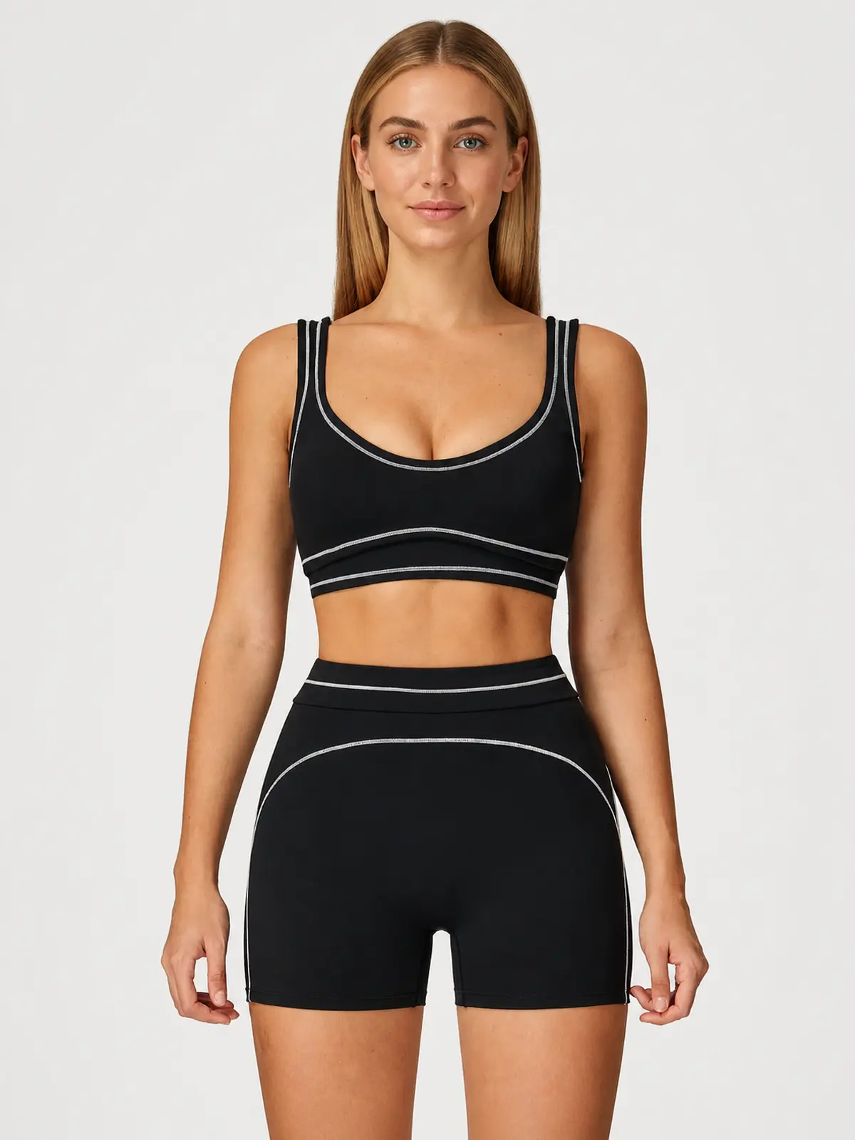 Mariner Stitch Scoop-Neck Contrast-Trim Sports Bra — black with light gray contrast stitching — general — authoritative variation match