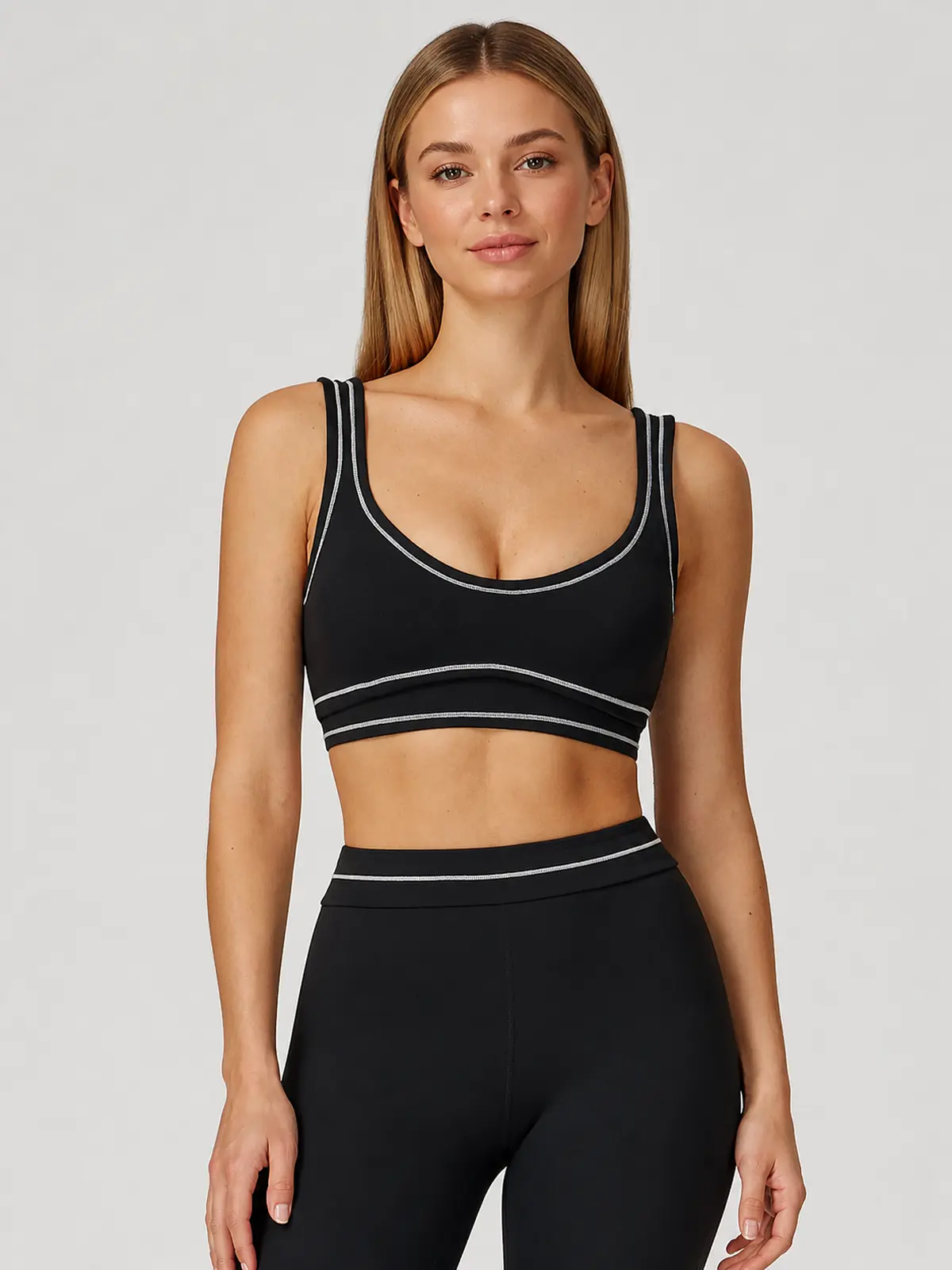 Mariner Stitch Scoop-Neck Contrast-Trim Sports Bra — black with light gray contrast stitching — sports-bra — authoritative variation image