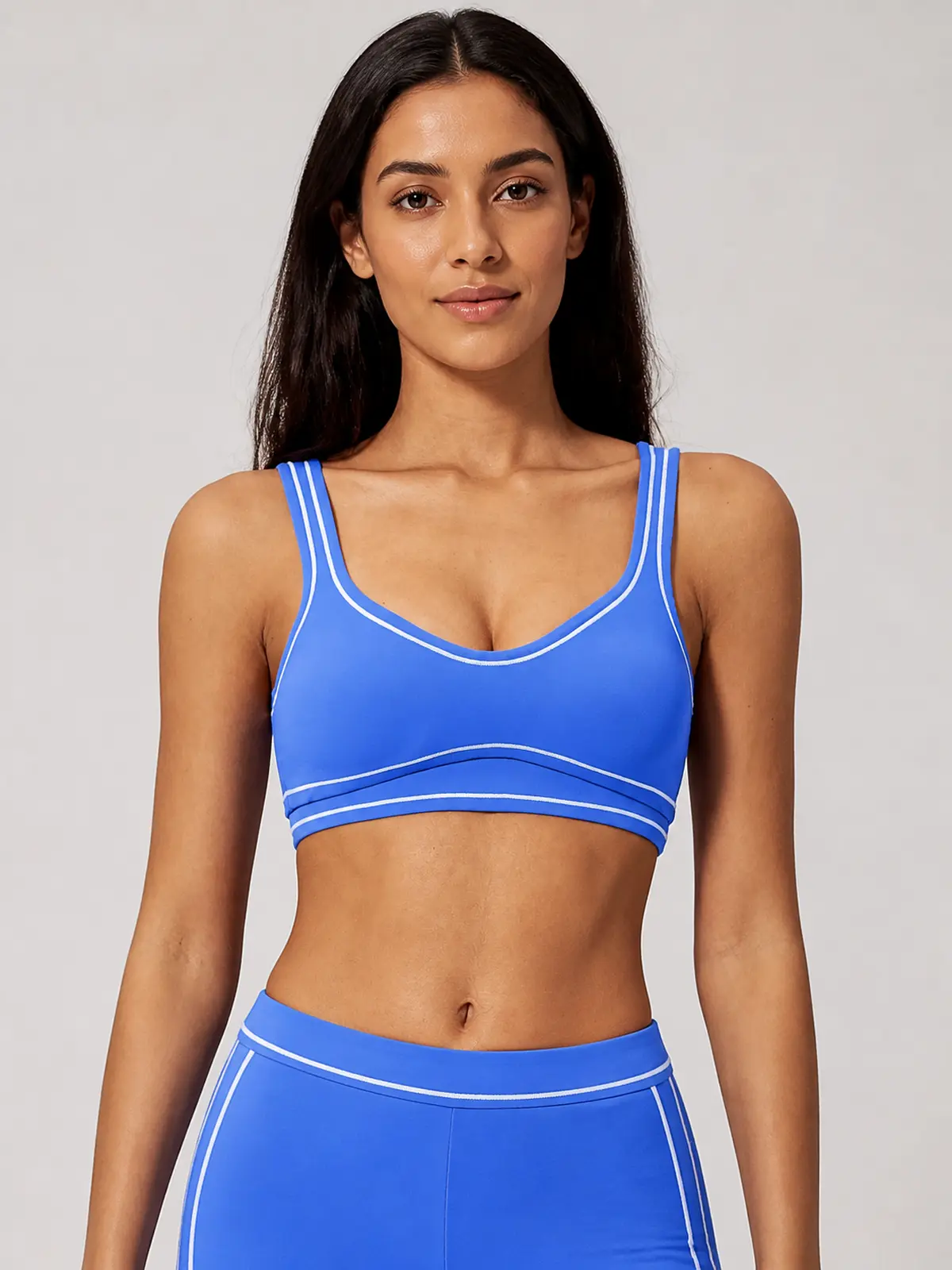 Mariner Stitch Scoop-Neck Contrast-Trim Sports Bra — blue with white trim — sports-bra — authoritative variation image