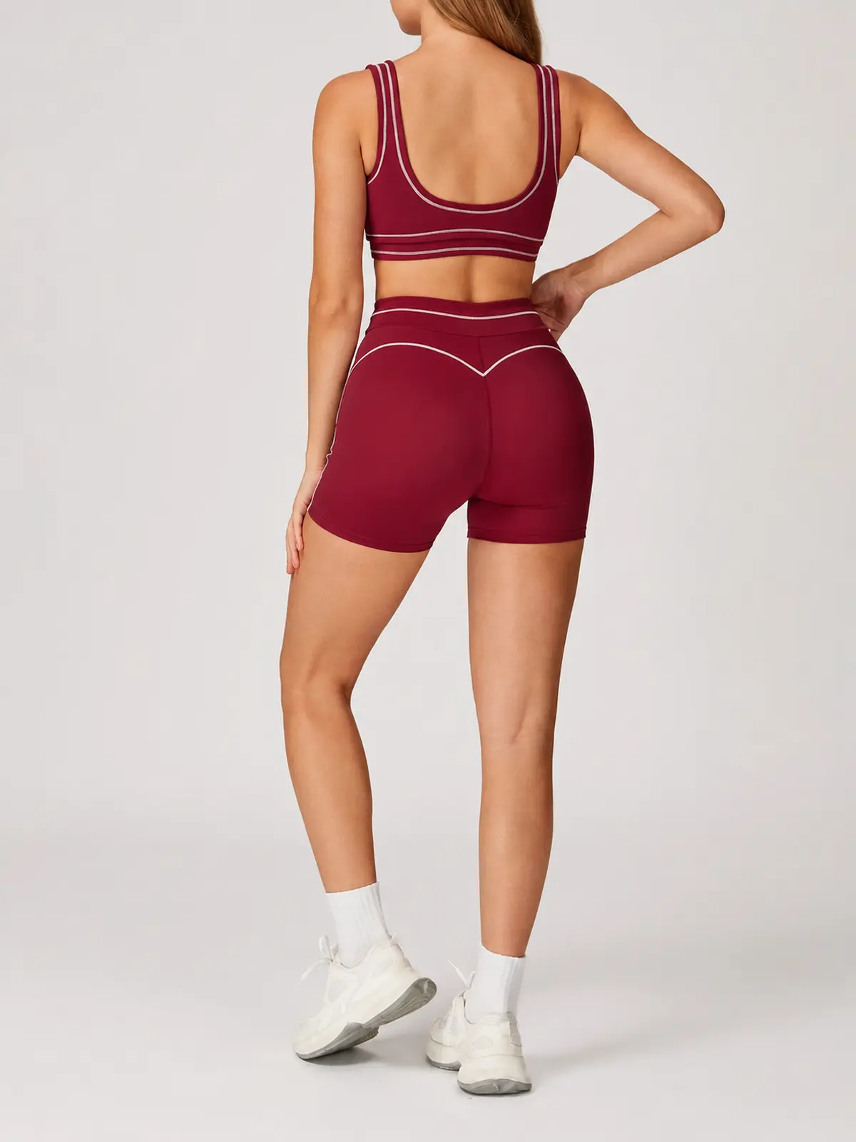 Mariner Stitch Scoop-Neck Contrast-Trim Sports Bra — cherry red — general — authoritative variation match