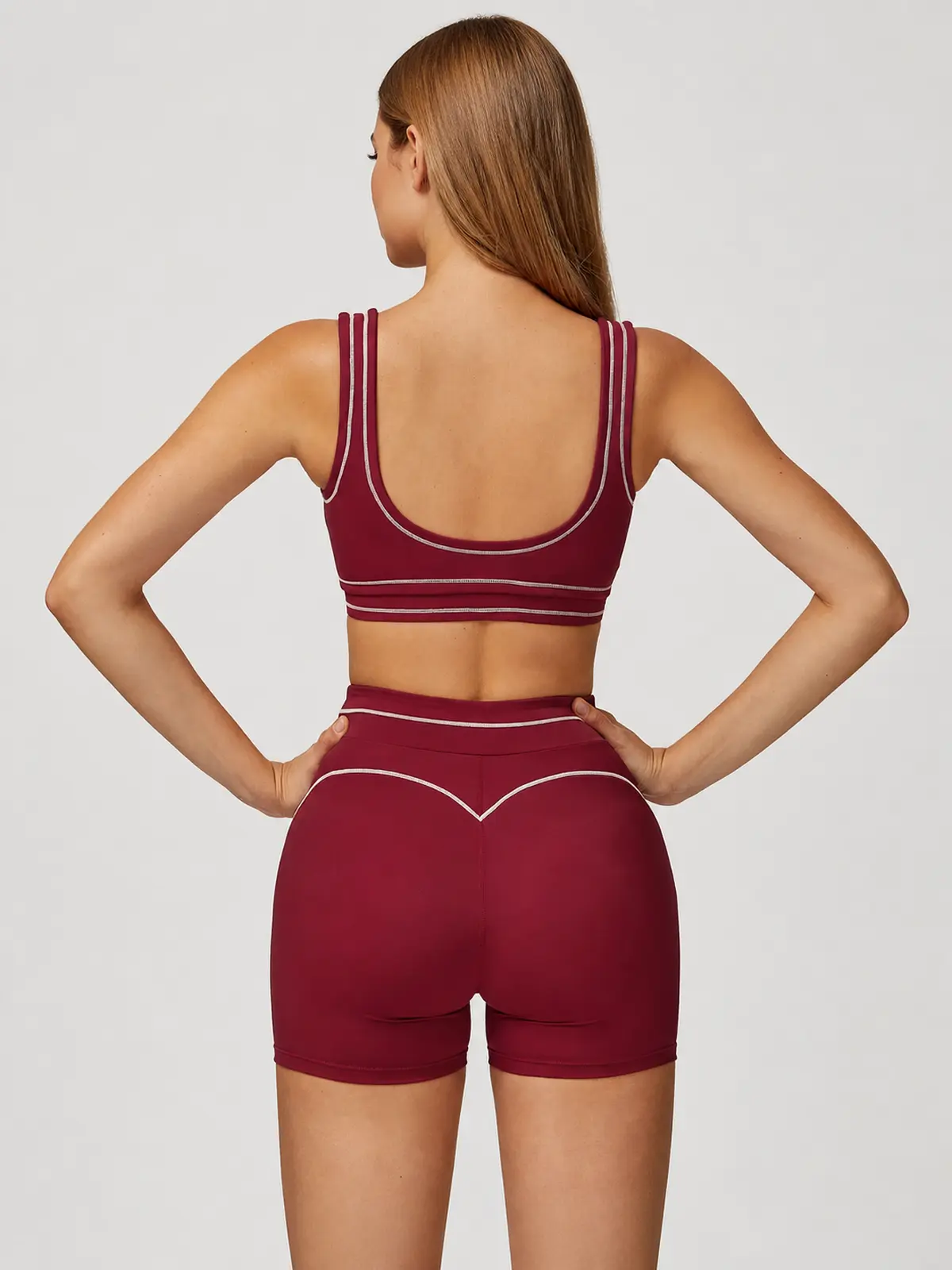 Mariner Stitch Scoop-Neck Contrast-Trim Sports Bra — cherry red — general — authoritative variation match
