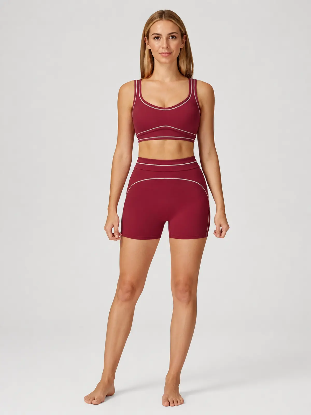 Mariner Stitch Scoop-Neck Contrast-Trim Sports Bra — cherry red — general — authoritative variation match