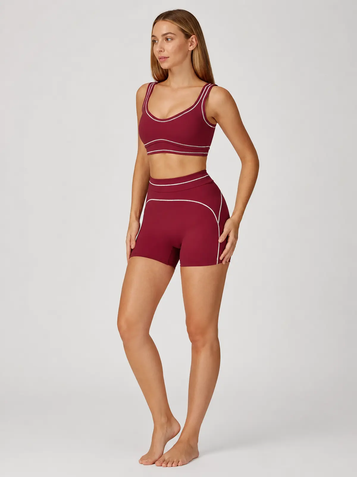 Mariner Stitch Scoop-Neck Contrast-Trim Sports Bra — cherry red — general — authoritative variation match