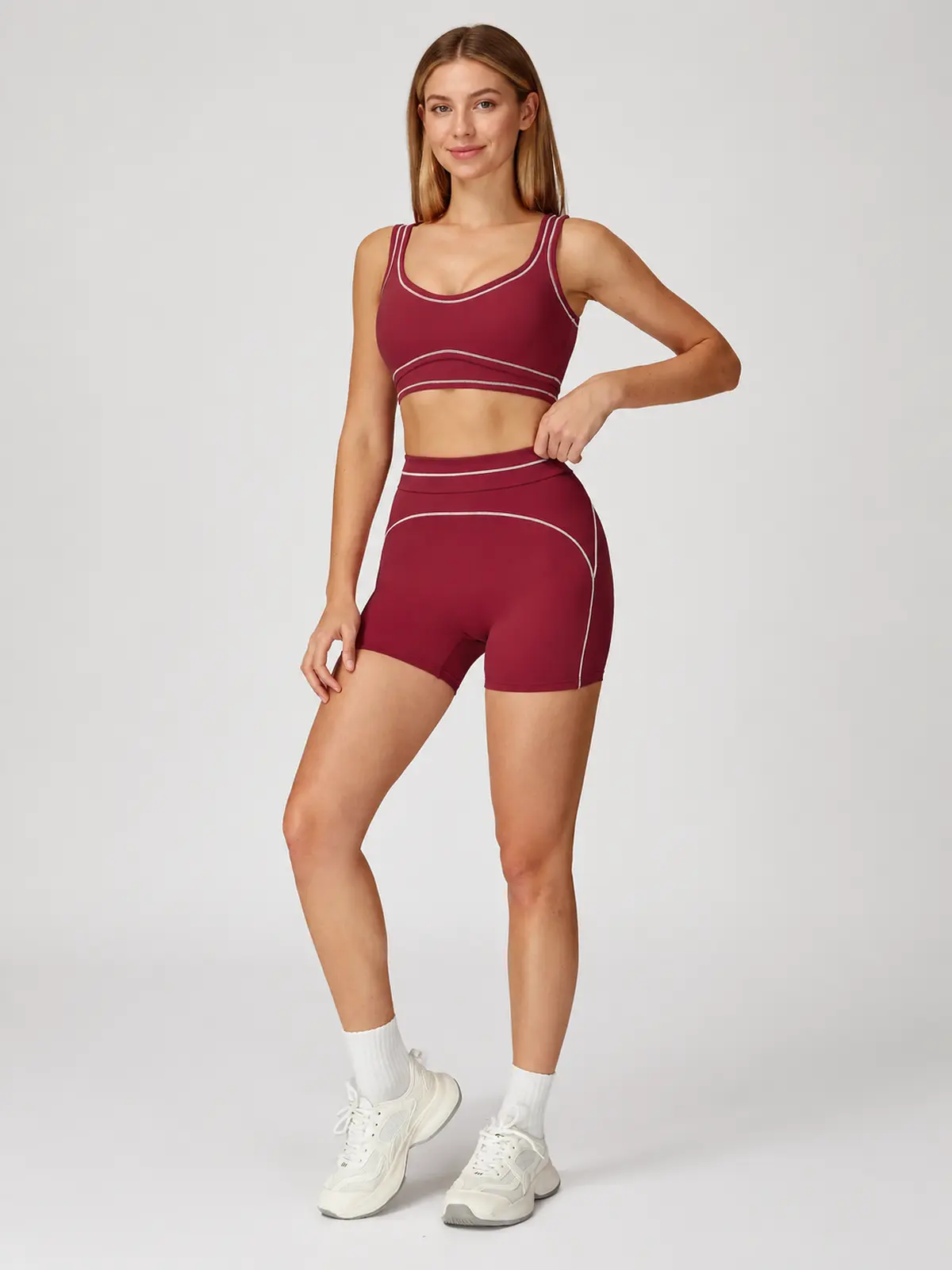Mariner Stitch Scoop-Neck Contrast-Trim Sports Bra — cherry red — general — authoritative variation match