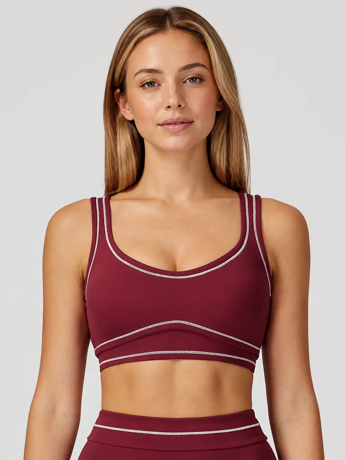 Mariner Stitch Scoop-Neck Contrast-Trim Sports Bra — cherry red — sports-bra — authoritative variation image