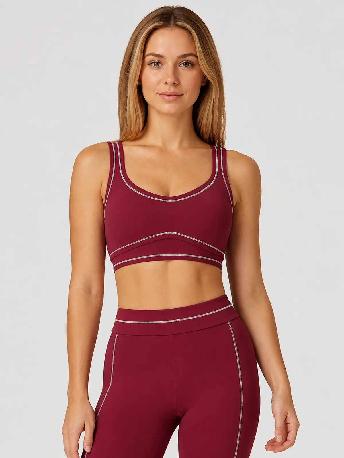 Mariner Stitch Scoop-Neck Contrast-Trim Sports Bra — cherry red — sports-bra — authoritative variation match