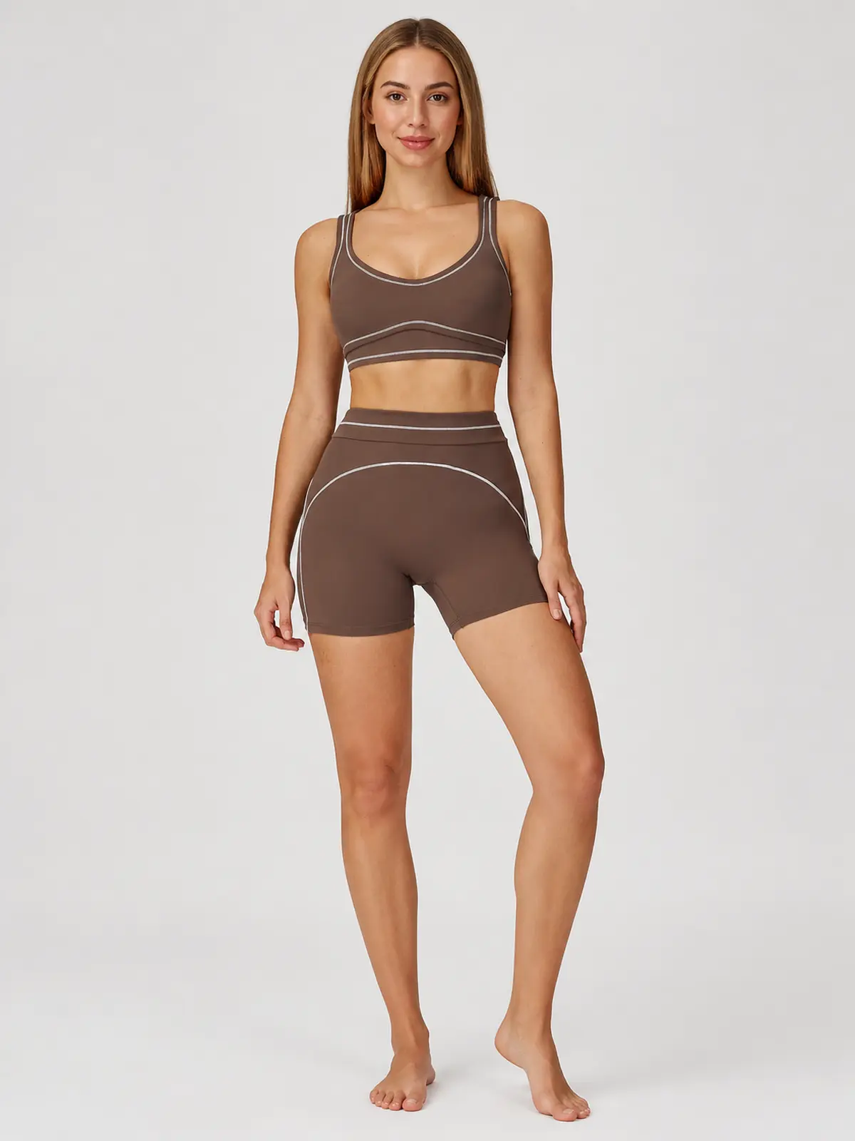 Mariner Stitch Scoop-Neck Contrast-Trim Sports Bra — deep chocolate brown with ivory contrast piping — general — authoritative variation match