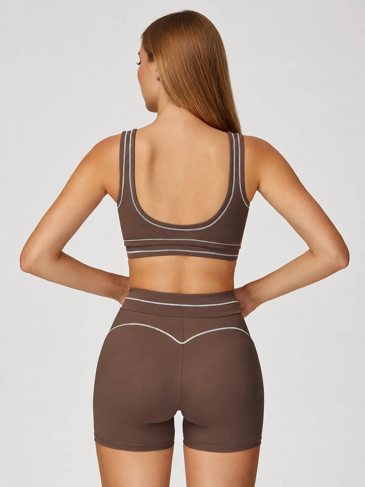 Mariner Stitch Scoop-Neck Contrast-Trim Sports Bra — deep chocolate brown with ivory contrast piping — general — authoritative variation match