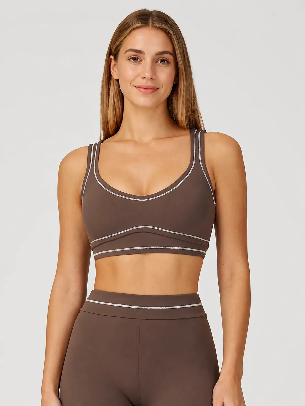 Mariner Stitch Scoop-Neck Contrast-Trim Sports Bra — deep chocolate brown with ivory contrast piping — sports-bra — authoritative variation image
