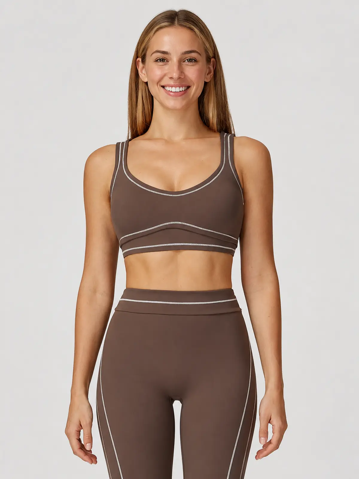 Mariner Stitch Scoop-Neck Contrast-Trim Sports Bra — deep chocolate brown with ivory contrast piping — sports-bra — authoritative variation match