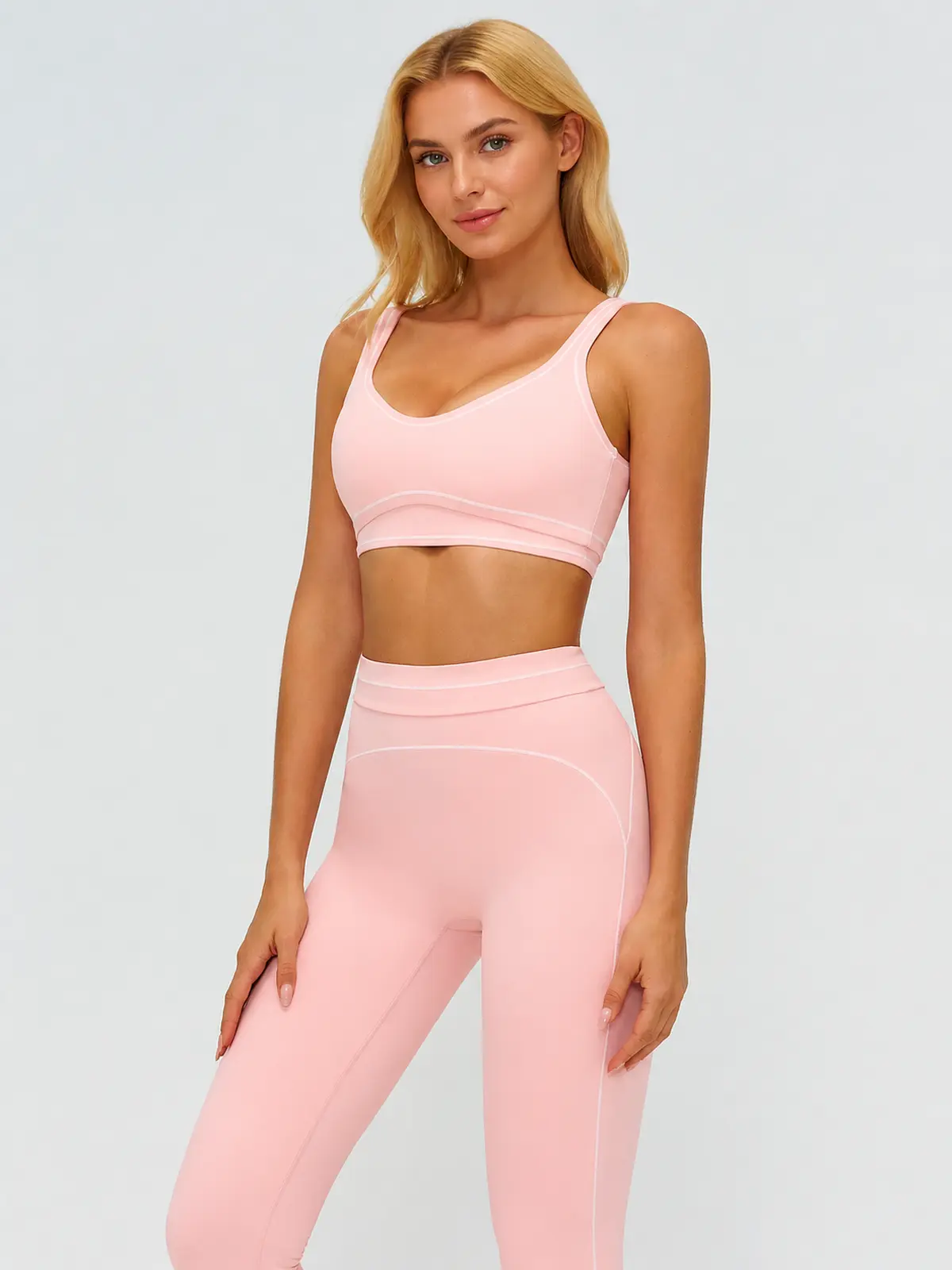 Mariner Stitch Scoop-Neck Contrast-Trim Sports Bra — light peach pink — general — authoritative variation match