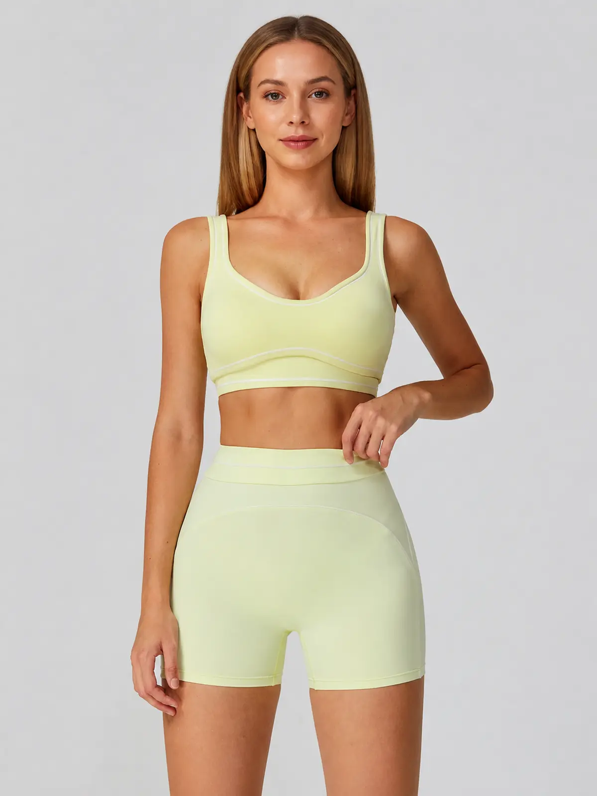 Mariner Stitch Scoop-Neck Contrast-Trim Sports Bra — lime green — general — authoritative variation match