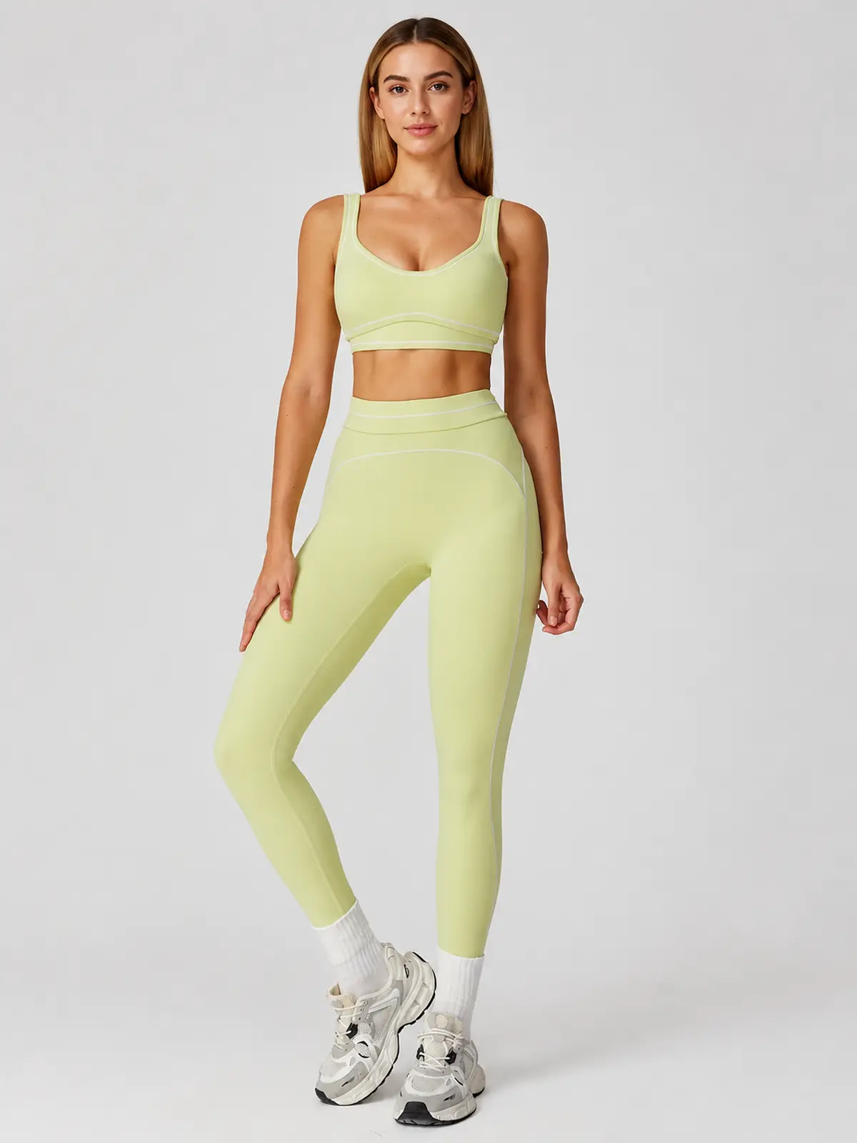 Mariner Stitch Scoop-Neck Contrast-Trim Sports Bra — lime green — general — authoritative variation match