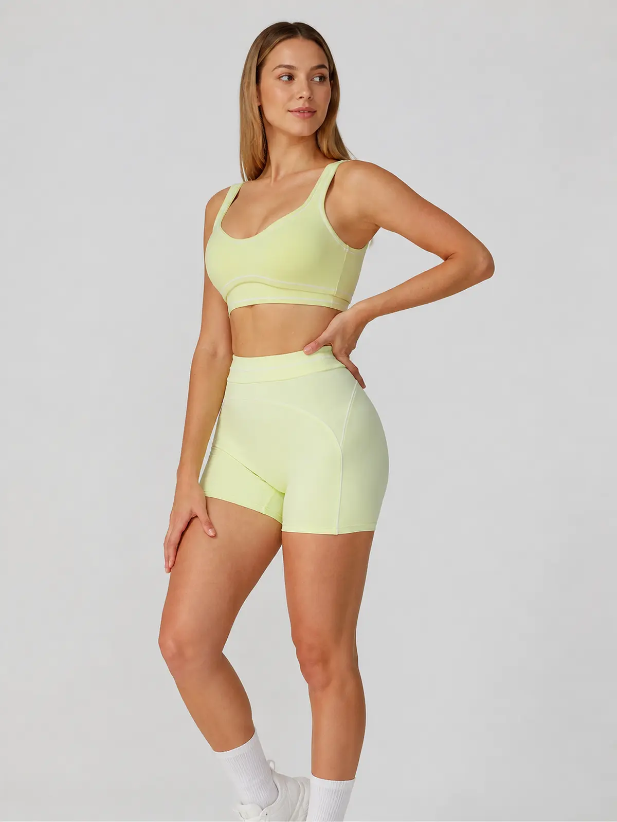 Mariner Stitch Scoop-Neck Contrast-Trim Sports Bra — lime green — general — authoritative variation match