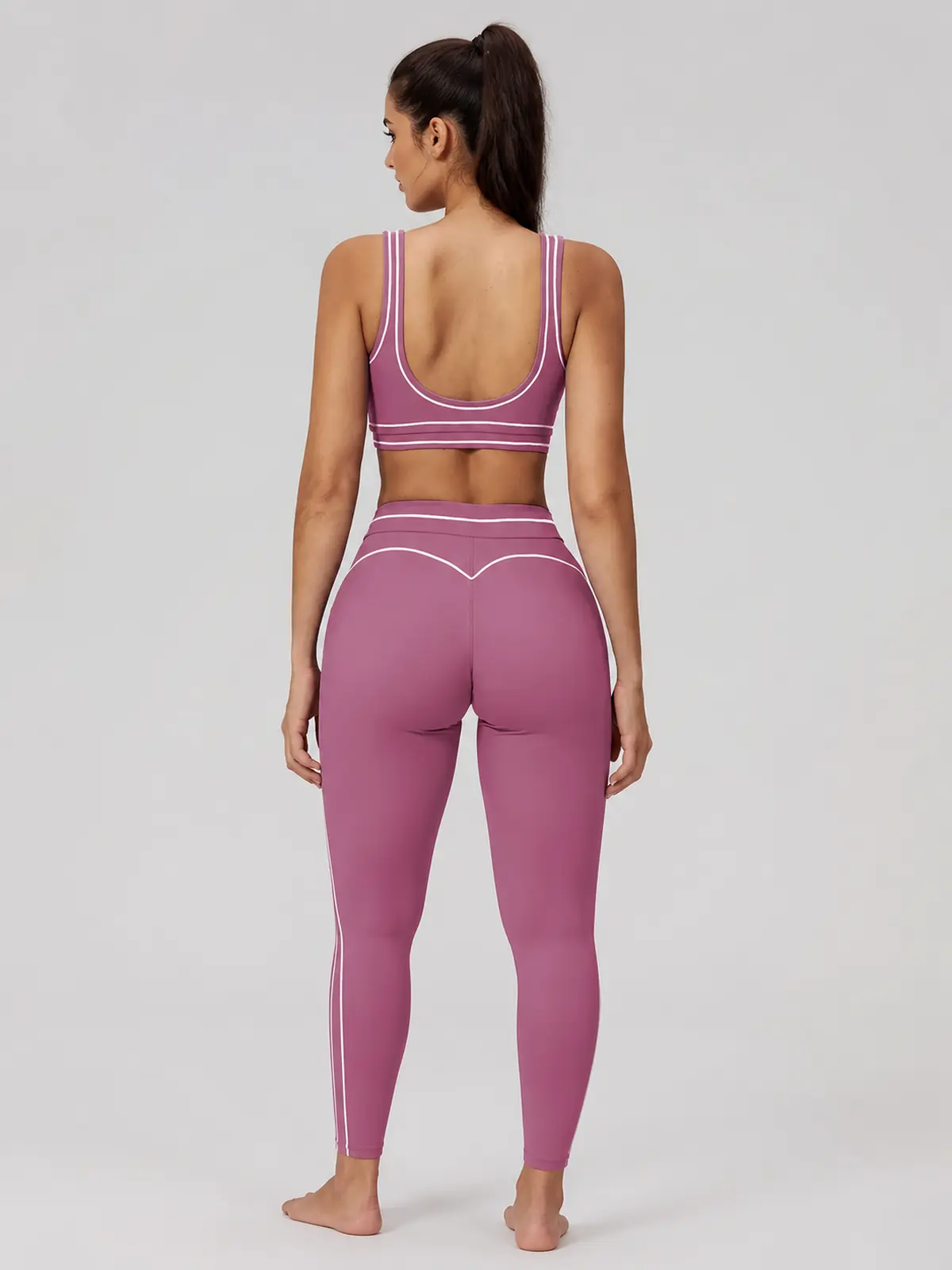 Mariner Stitch Scoop-Neck Contrast-Trim Sports Bra — mauve purple with white contrast trim — general — authoritative variation match