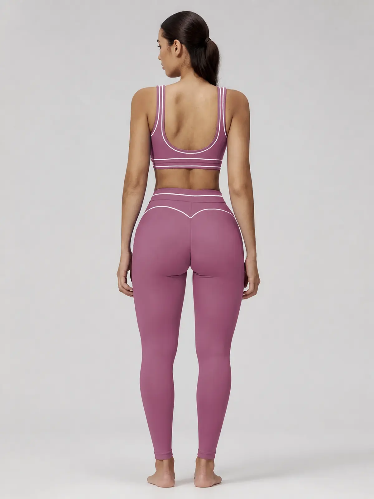 Mariner Stitch Scoop-Neck Contrast-Trim Sports Bra — mauve purple with white contrast trim — general — authoritative variation match