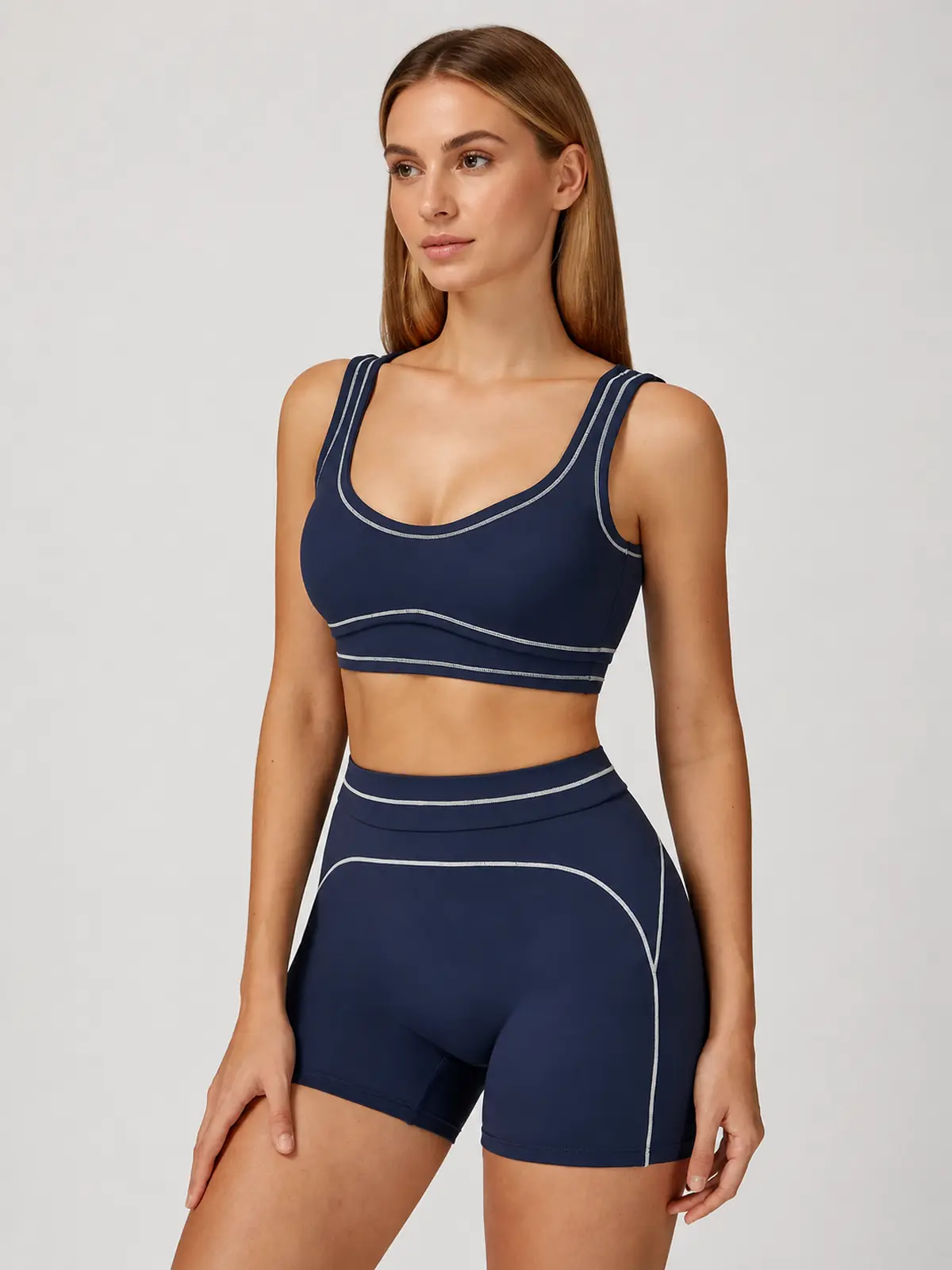 Mariner Stitch Scoop-Neck Contrast-Trim Sports Bra — navy blue with white contrast trim — general — authoritative variation match