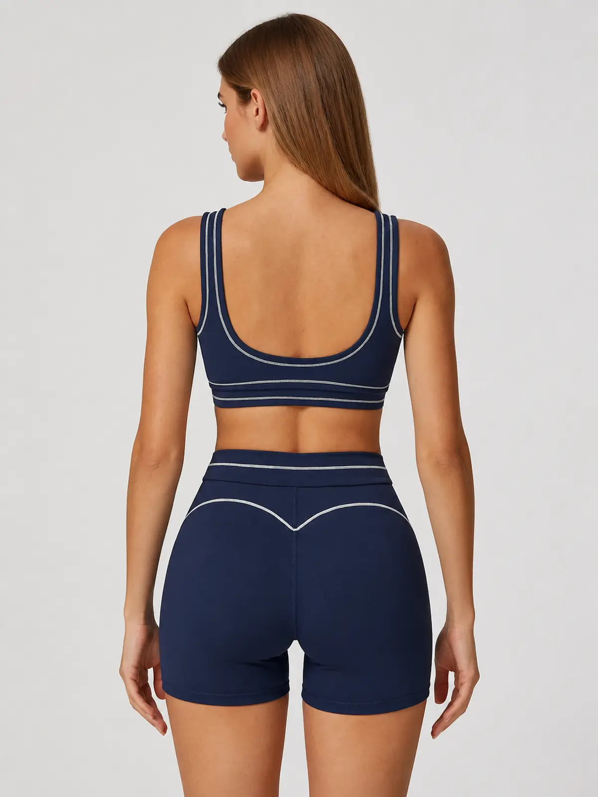 Mariner Stitch Scoop-Neck Contrast-Trim Sports Bra — navy blue with white contrast trim — general — authoritative variation match