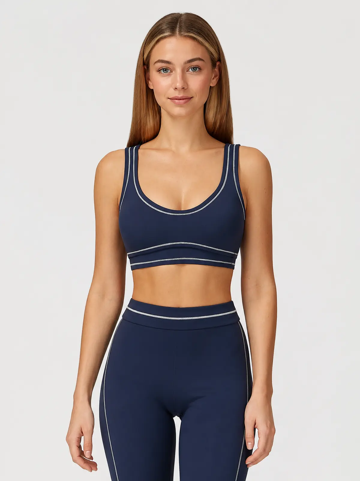 Mariner Stitch Scoop-Neck Contrast-Trim Sports Bra — navy blue with white contrast trim — sports-bra — authoritative variation image