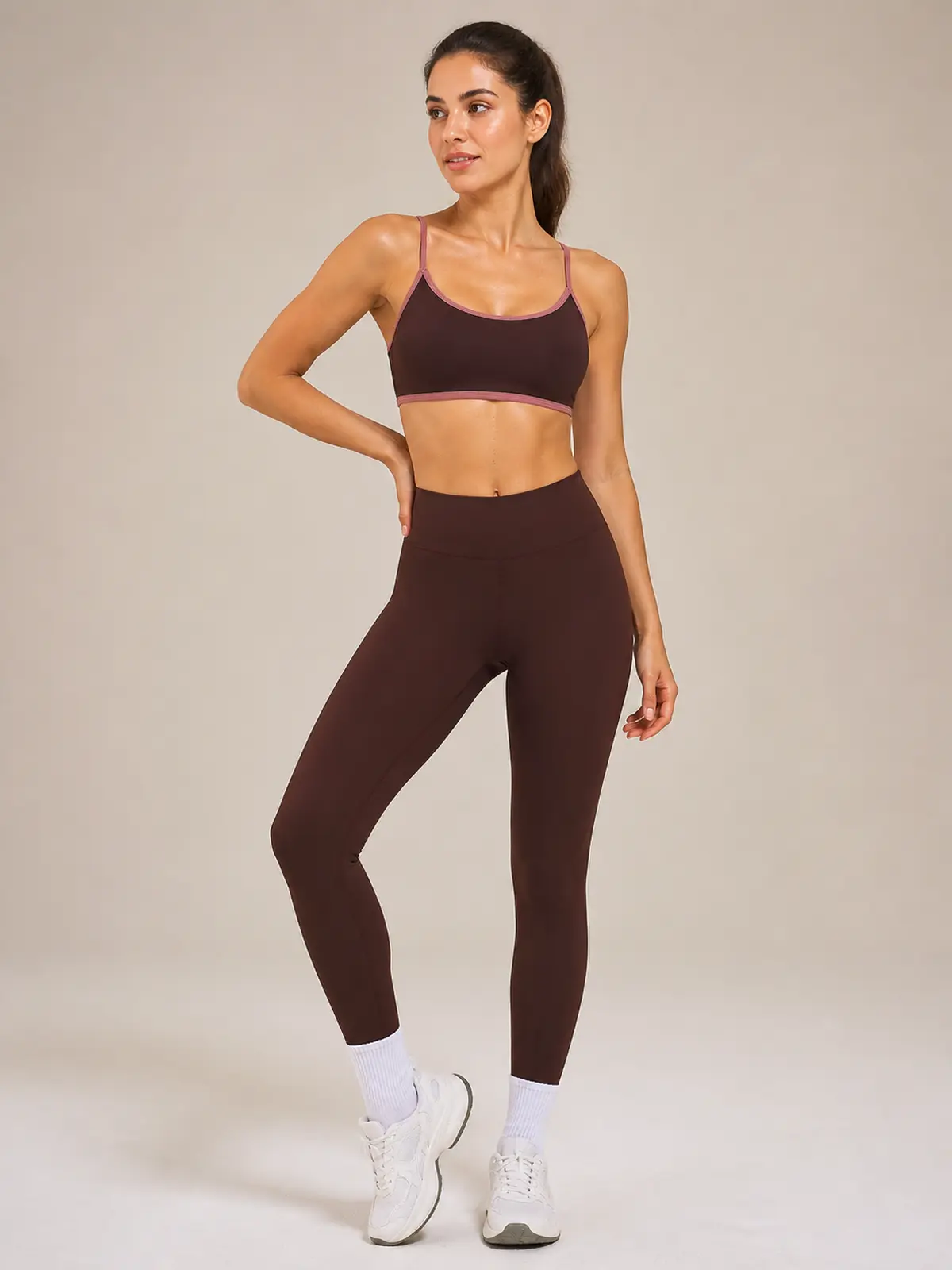 Meadow Note Sports Bra and Full-Length Leggings Set — dark brown with muted pink trim on sports bra — general — authoritative variation match