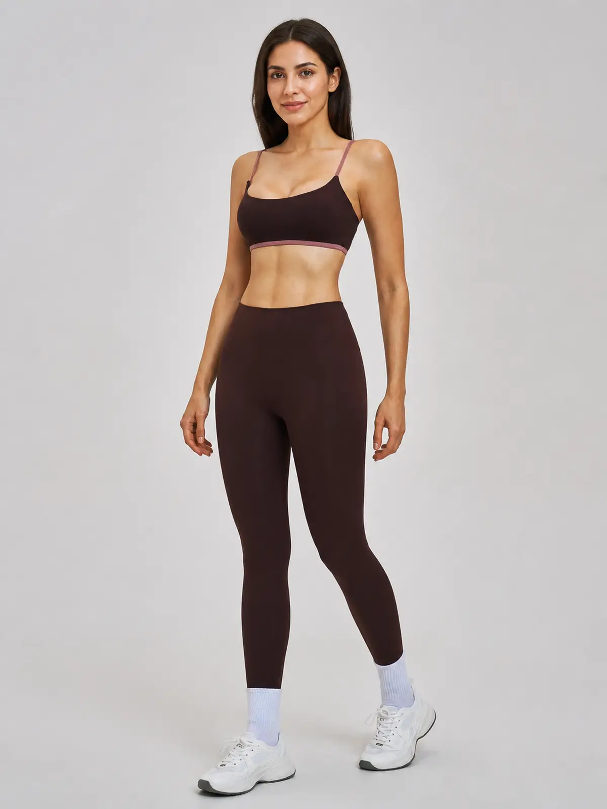 Meadow Note Sports Bra and Full-Length Leggings Set — dark brown with muted pink trim on sports bra — general — authoritative variation match