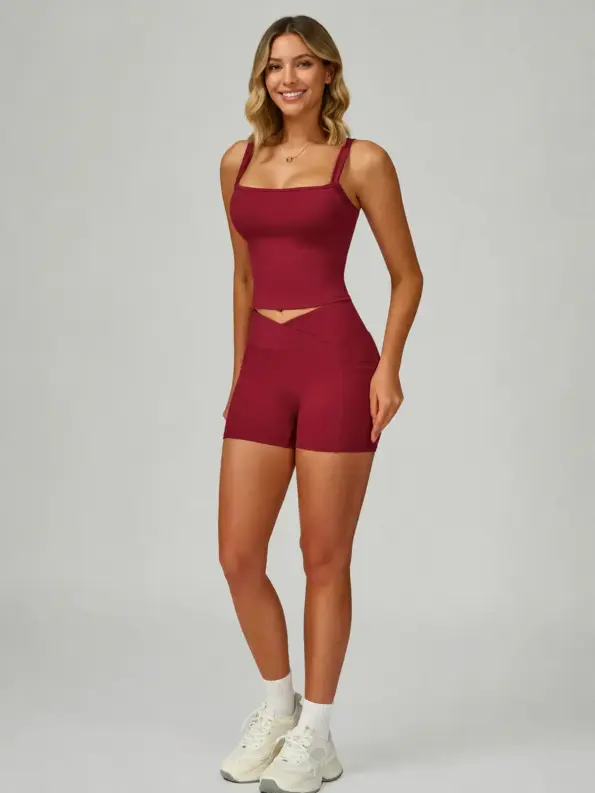 Mica Tide Square-Neck Tank Top and Bike Shorts Set — cherry red — general — authoritative variation match
