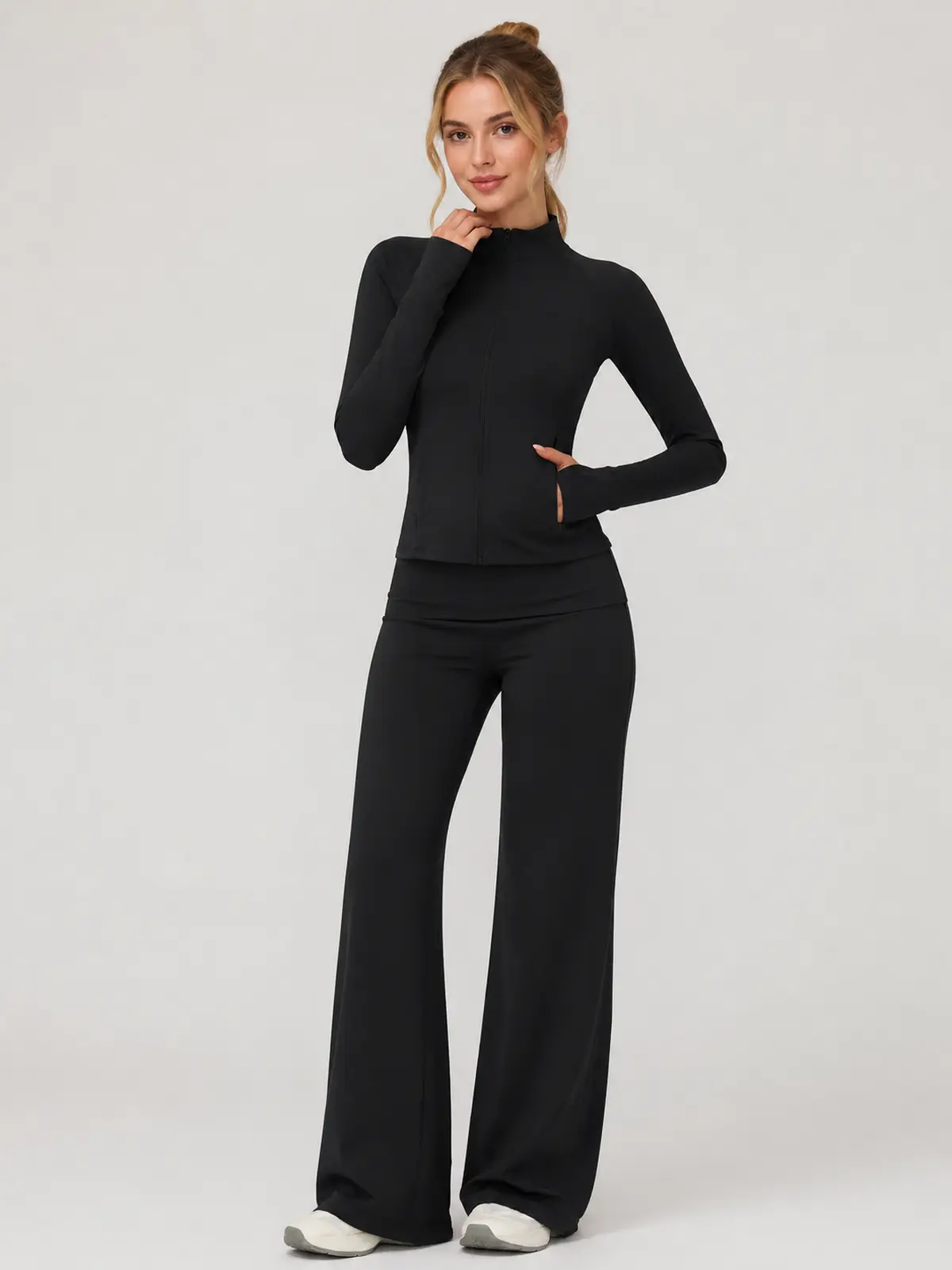 Midnight Passage Zip-Front Jacket and Wide-Leg Pants Set — black — general — authoritative variation match
