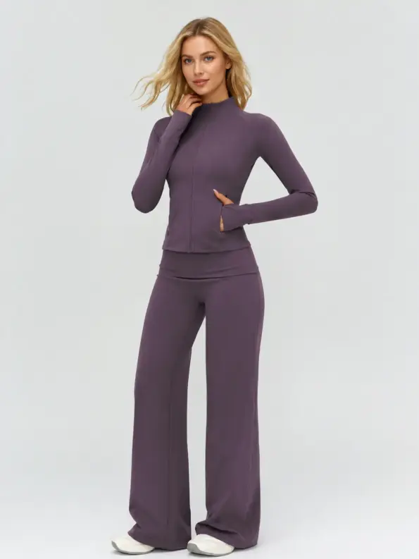 Midnight Passage Zip-Front Jacket and Wide-Leg Pants Set — eggplant purple — general — authoritative variation match