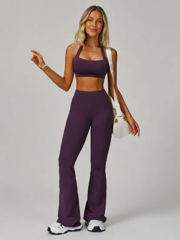 Monsoon Vale Square-Neck Sports Bra and Flare Leggings Set — dark purple — general — authoritative variation match