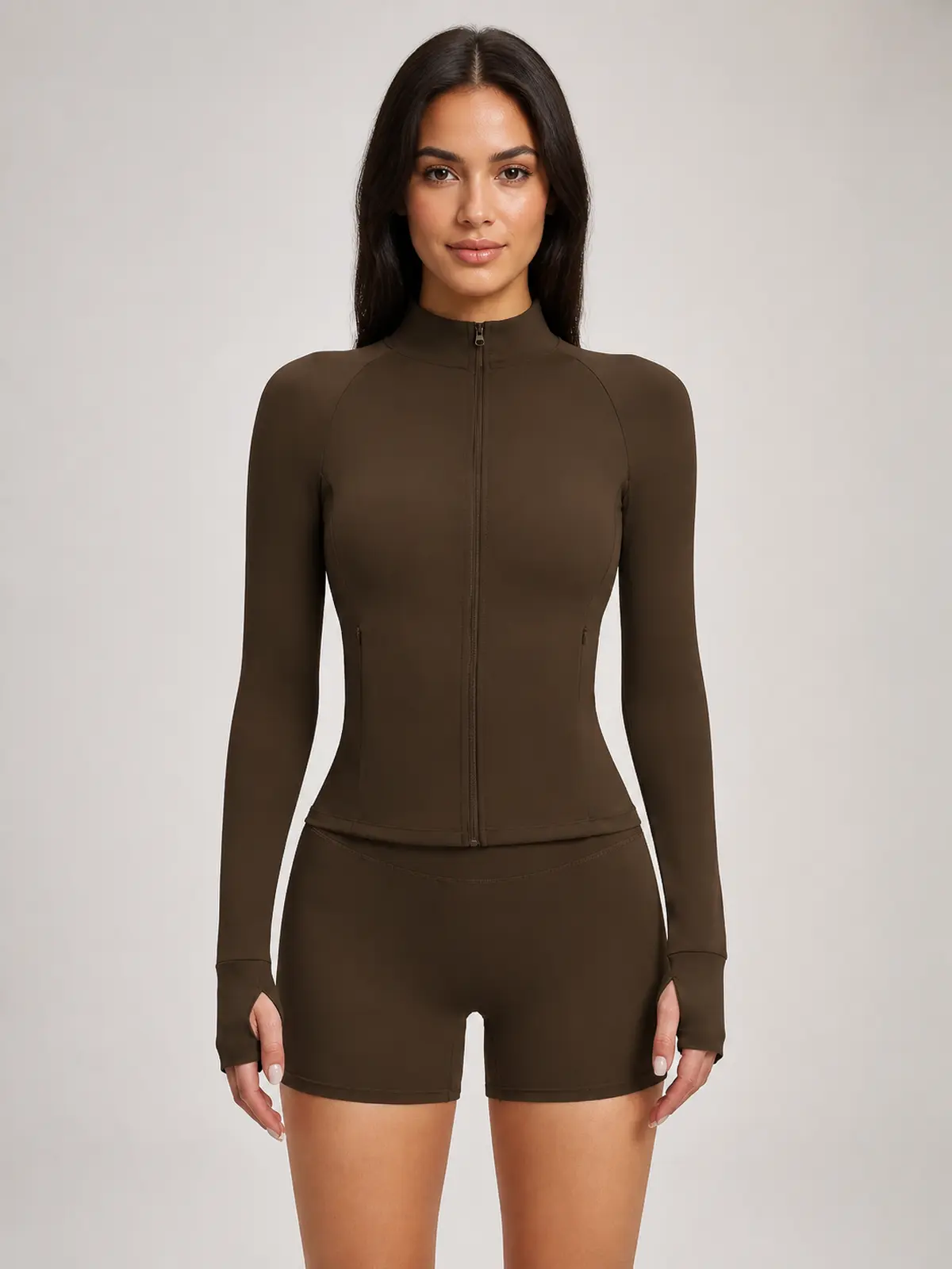 Morrow Motion Zip-Front Jacket and Shorts Set — dark coffee brown — general — authoritative variation match