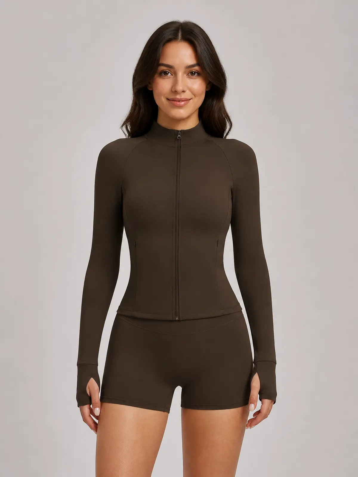 Morrow Motion Zip-Front Jacket and Shorts Set — dark coffee brown — authoritative variation match