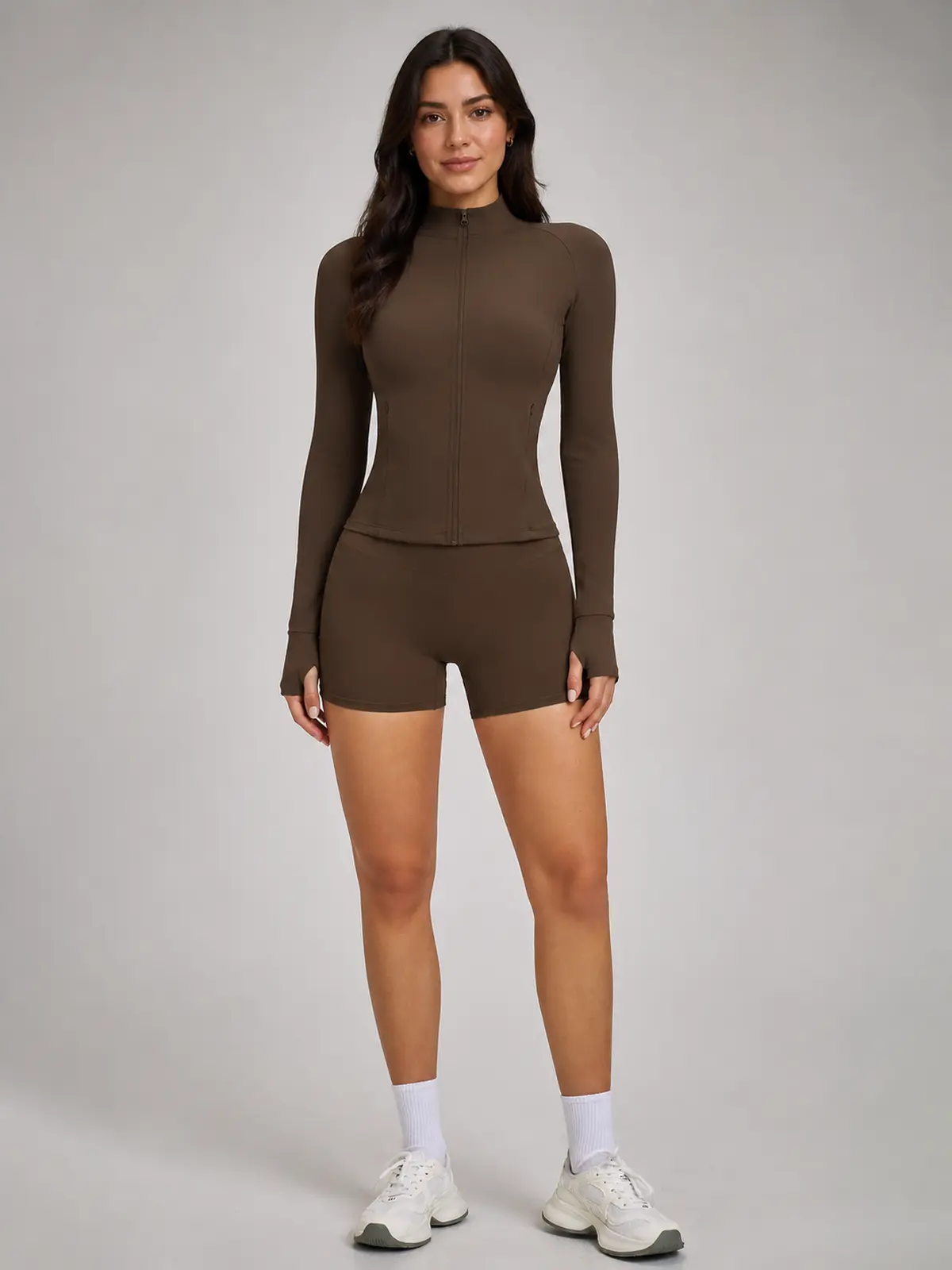 Morrow Motion Zip-Front Jacket and Shorts Set — dark coffee brown — authoritative variation match