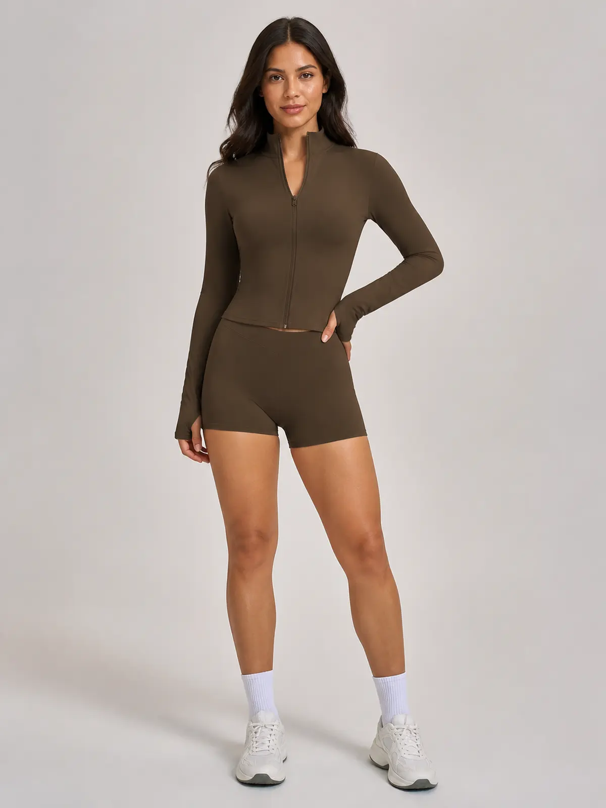 Morrow Motion Zip-Front Jacket and Shorts Set — dark coffee brown — authoritative variation match