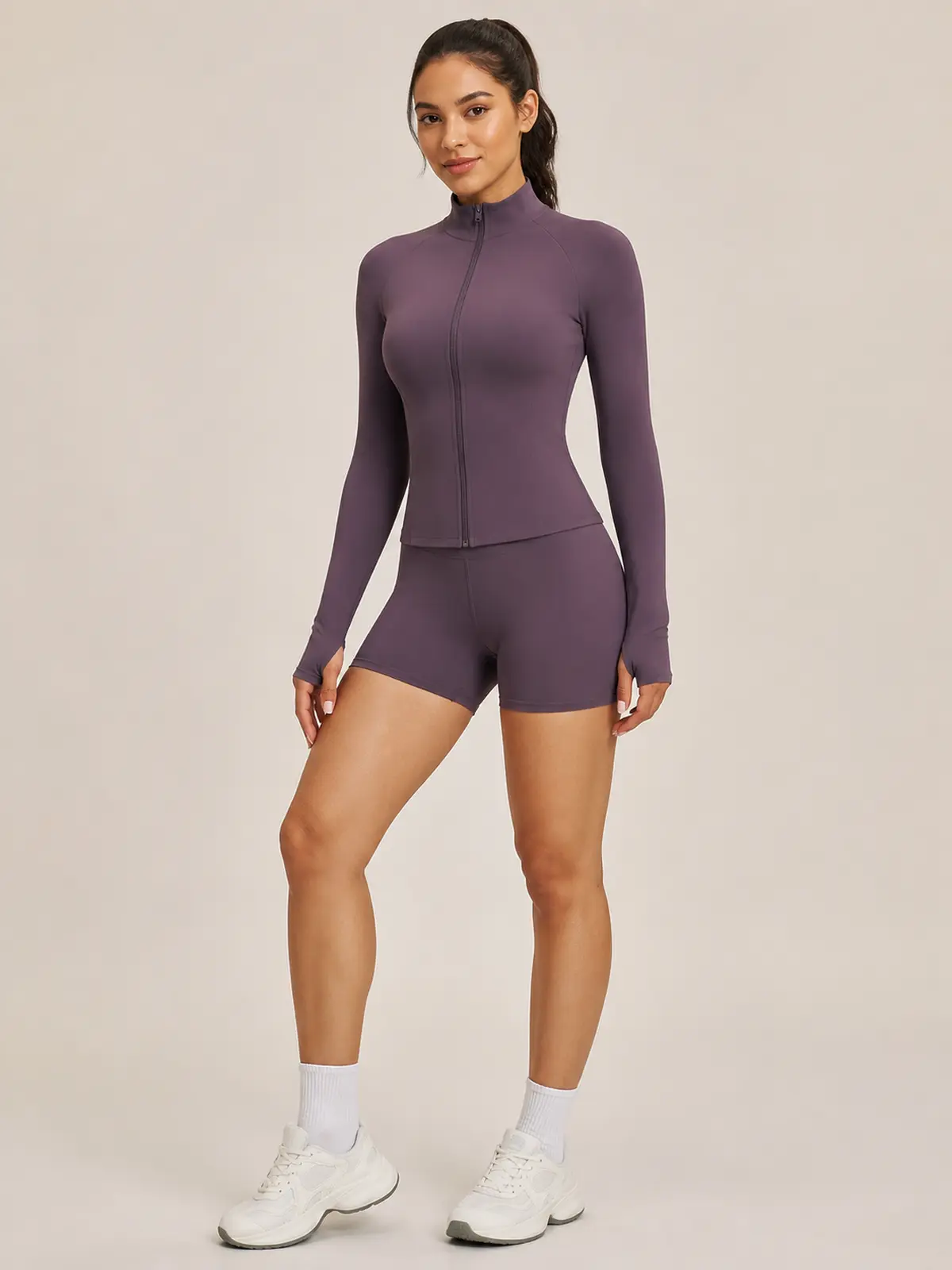 Morrow Motion Zip-Front Jacket and Shorts Set — eggplant purple — general — authoritative variation match