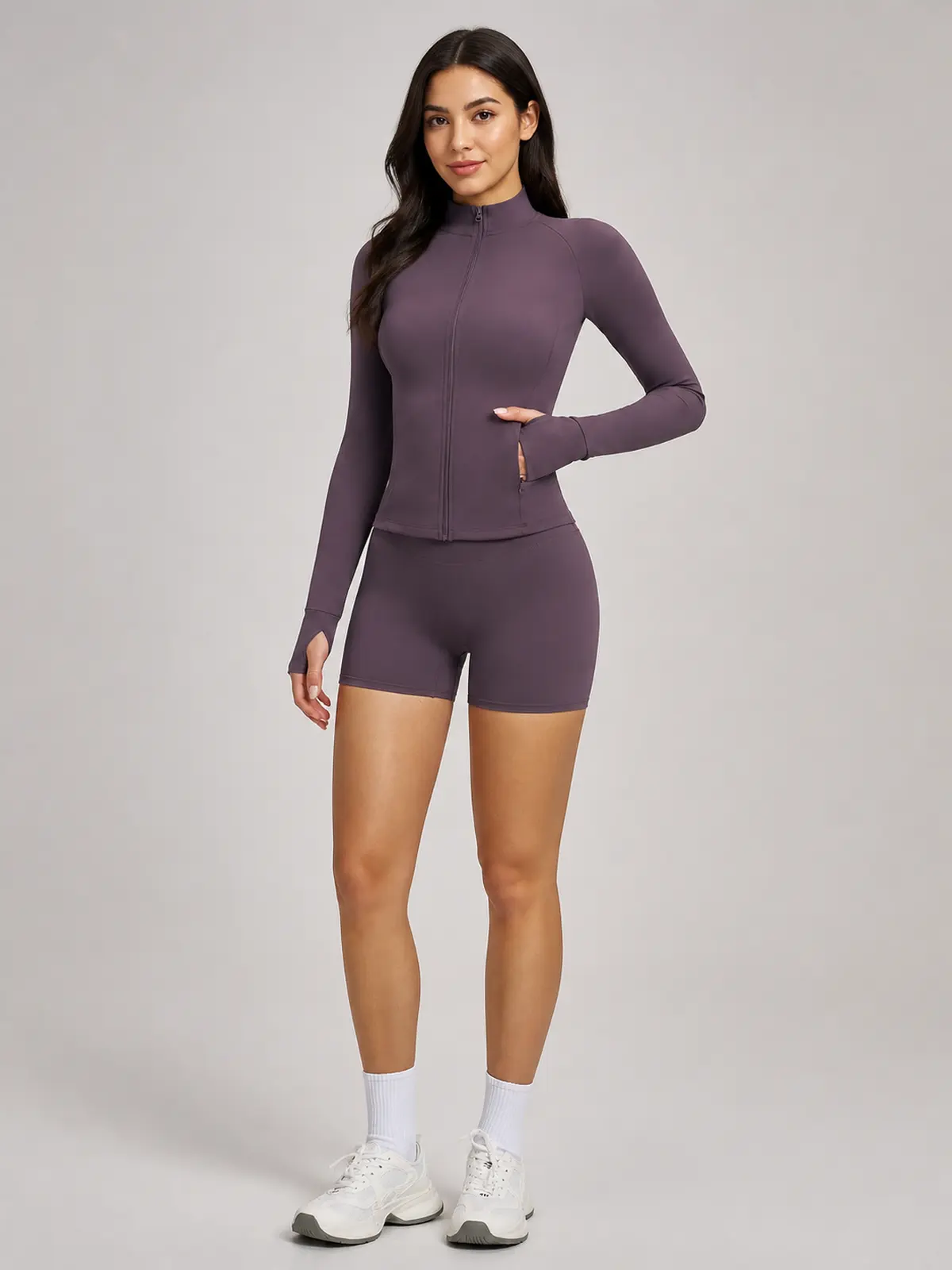 Morrow Motion Zip-Front Jacket and Shorts Set — eggplant purple — general — authoritative variation match
