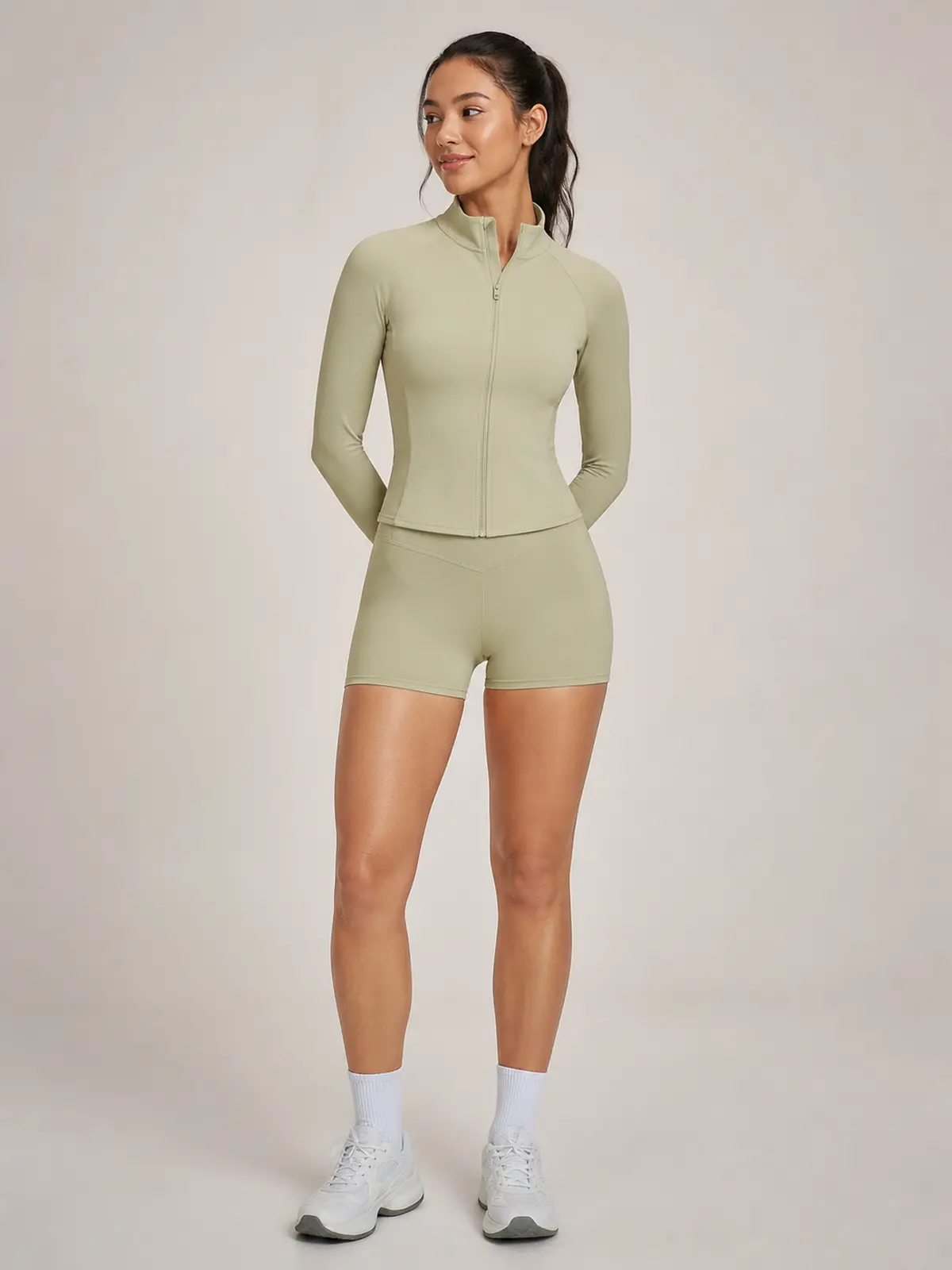 Morrow Motion Zip-Front Jacket and Shorts Set — moss green — general — authoritative variation match