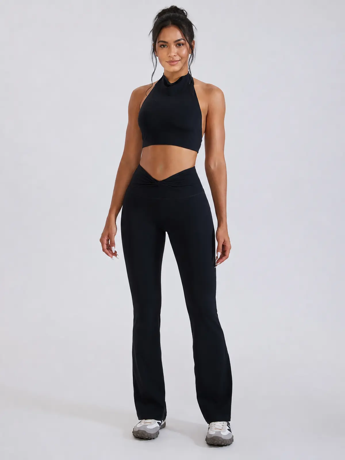 Mosaic Dawn Twist-Waist Flare Leggings — black — flare-leggings — authoritative variation match