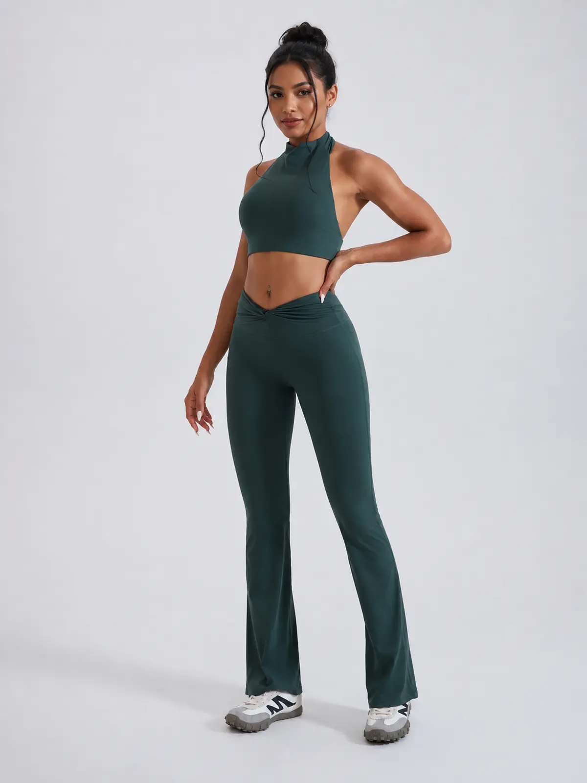Mosaic Dawn Twist-Waist Flare Leggings — deep sea green — flare-leggings — authoritative variation match